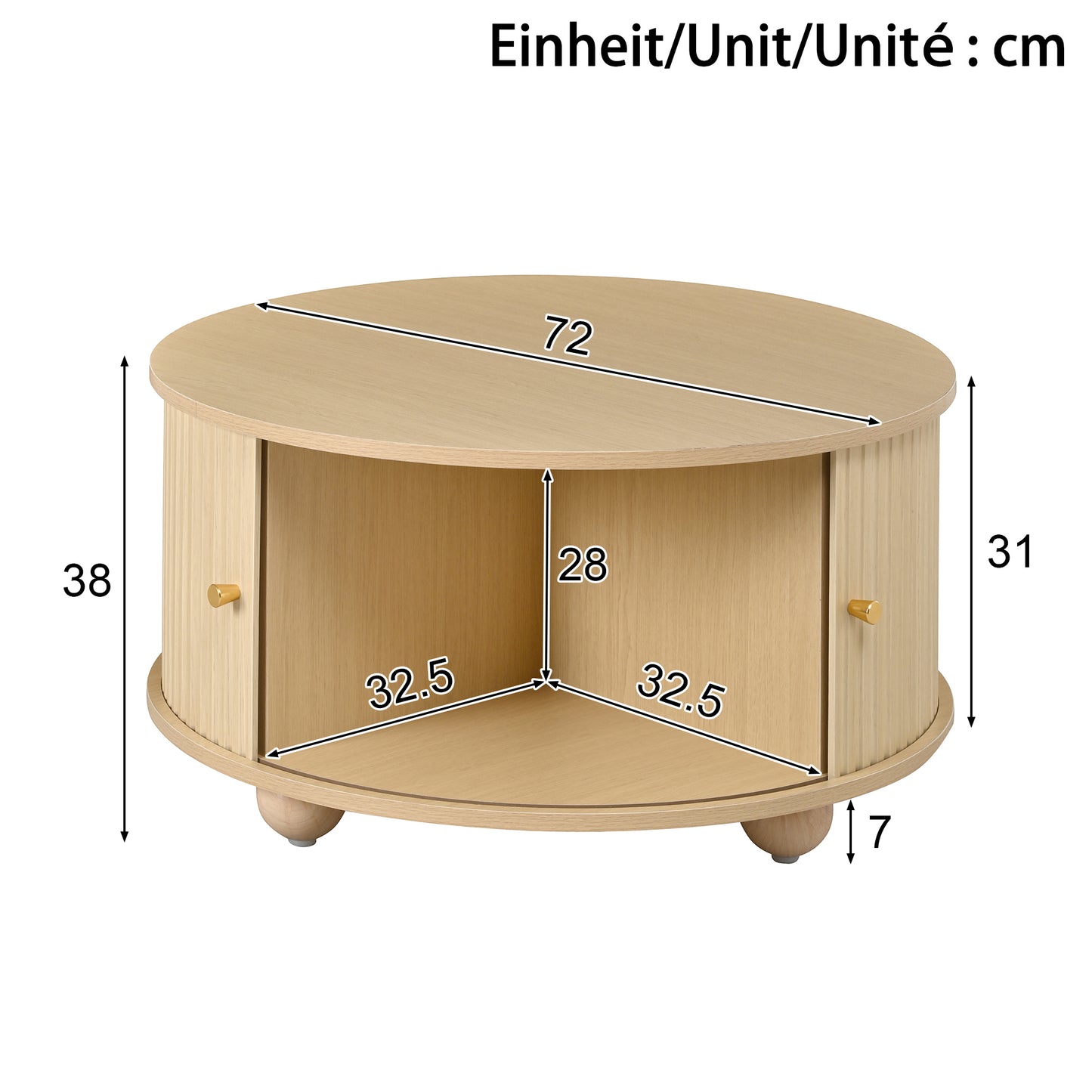 Coffee Table, Round Coffee Table, Living Room Table, Circumferential Vertical Relief Structure, Two Sliding Doors, MDF Body, Metal Handles, Spherical Metal Feet, Four Separate Storage Compartments