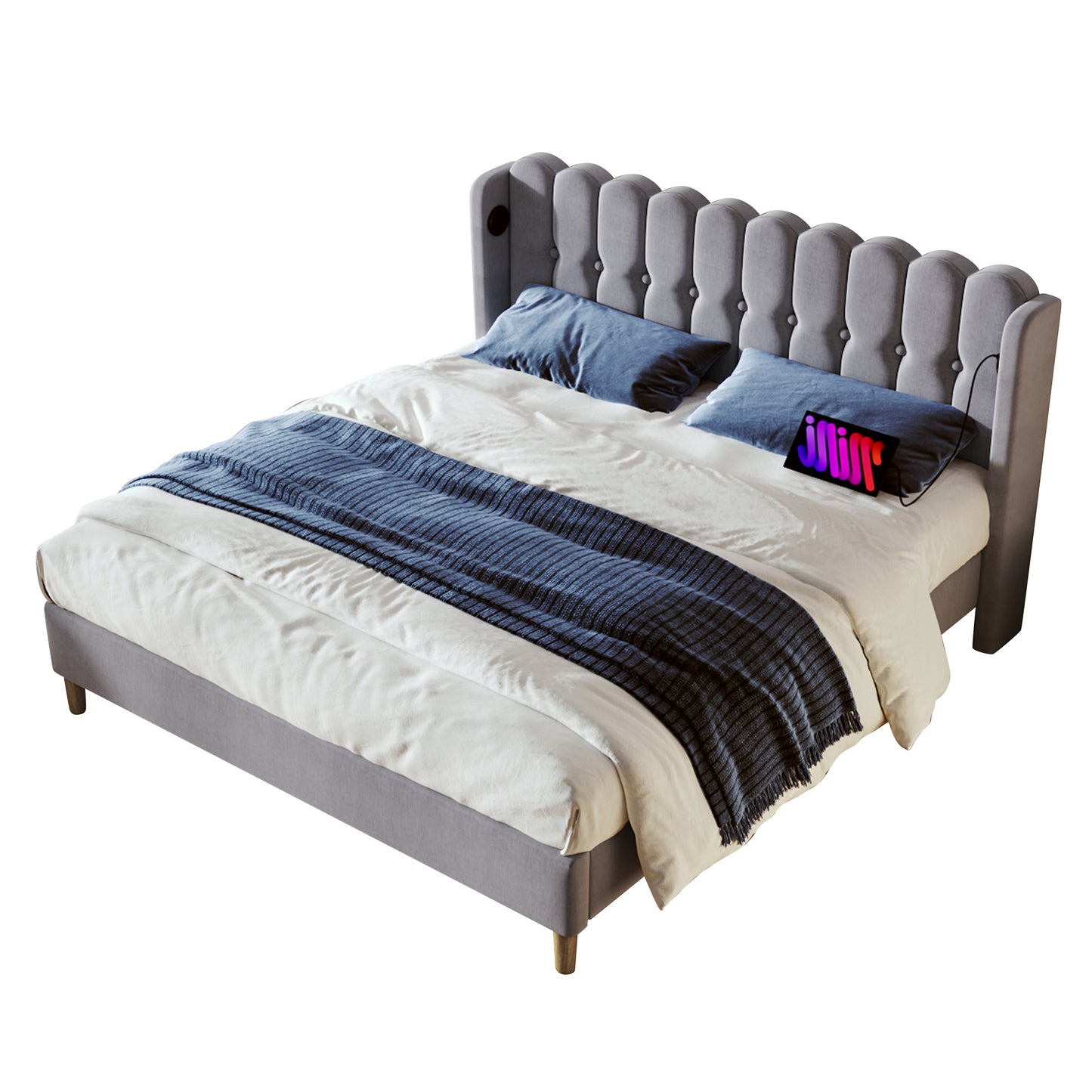 Upholstered Bed Double Bed With USB Type-C Charging Function, Bed Frame With Slatted Base, Upholstered Bed In Grey, 140 X 200 Cm Bed Frame Youth Bed For Bedroom Guest Room Linen Material