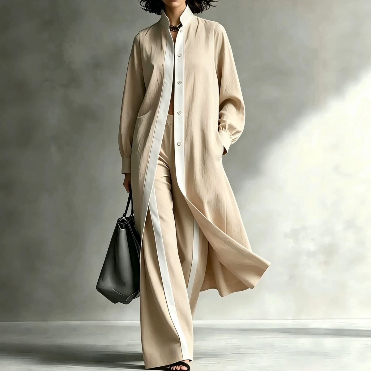 Womens Color-Block Loose-Fit Fashion Long-Sleeve Coat And Pants Set