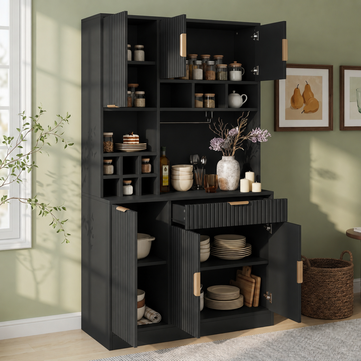 Sideboard, Dining Room Tall Cabinet 100x40x175 Cm, Multi-tiered Storage Space, Integrated Power Outlet And USB-C And USB-A Ports, Including Wine Glass Rack And Bottle Storage, Black
