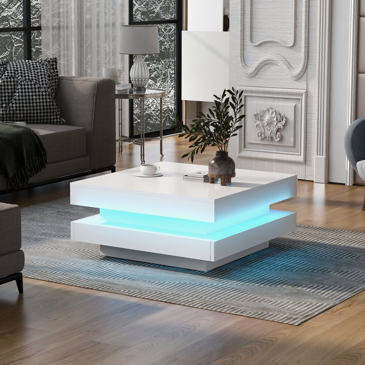 Square White Coffee Table Modern Tech Style, With Bluetooth LED Strip, 70 X 70 X 36 Cm, Max. Load 45 Kg