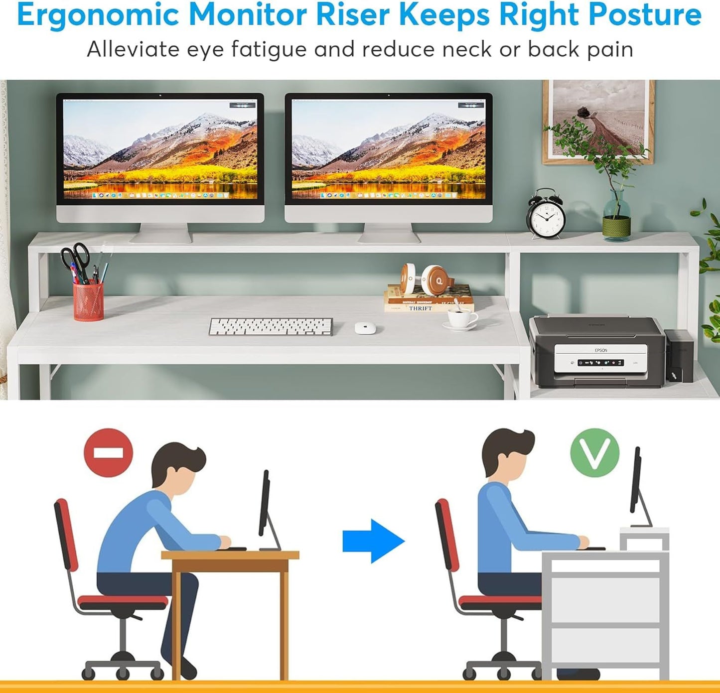 63 Inch Computer Desk With File Drawer Cabinet, Ergonomic Office Desk With Monitor Stand, Computer Table With Printer Space, Wood PC Table Workstation Desk