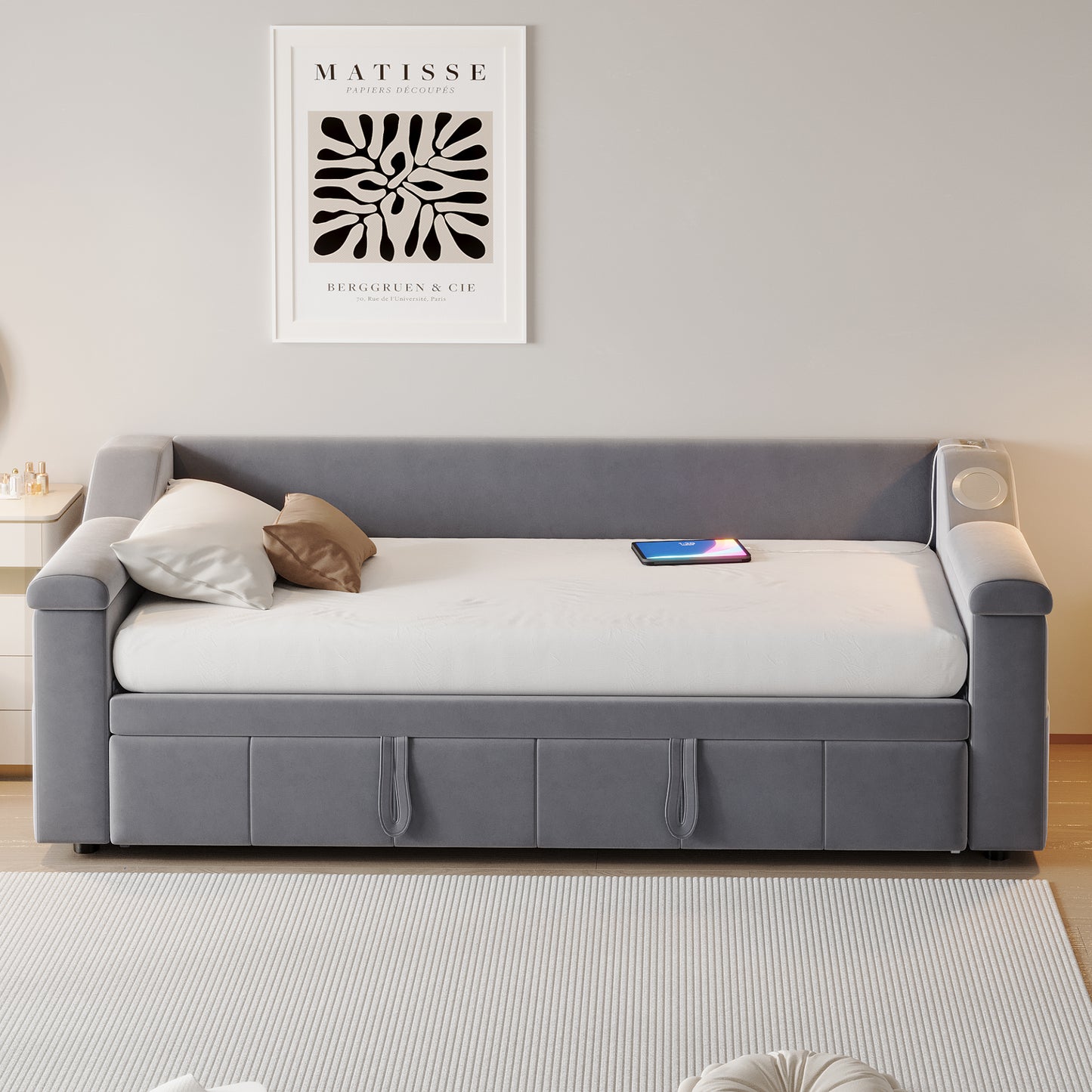Upholstered Bed Sofa Bed, 90 180x190 Cm, Armrests Wider And Thicker, With Smart Bluetooth Stereo System With USB Charging Port, With Storage Compartments, With Slatted Base, Velvet Fabric, Grey