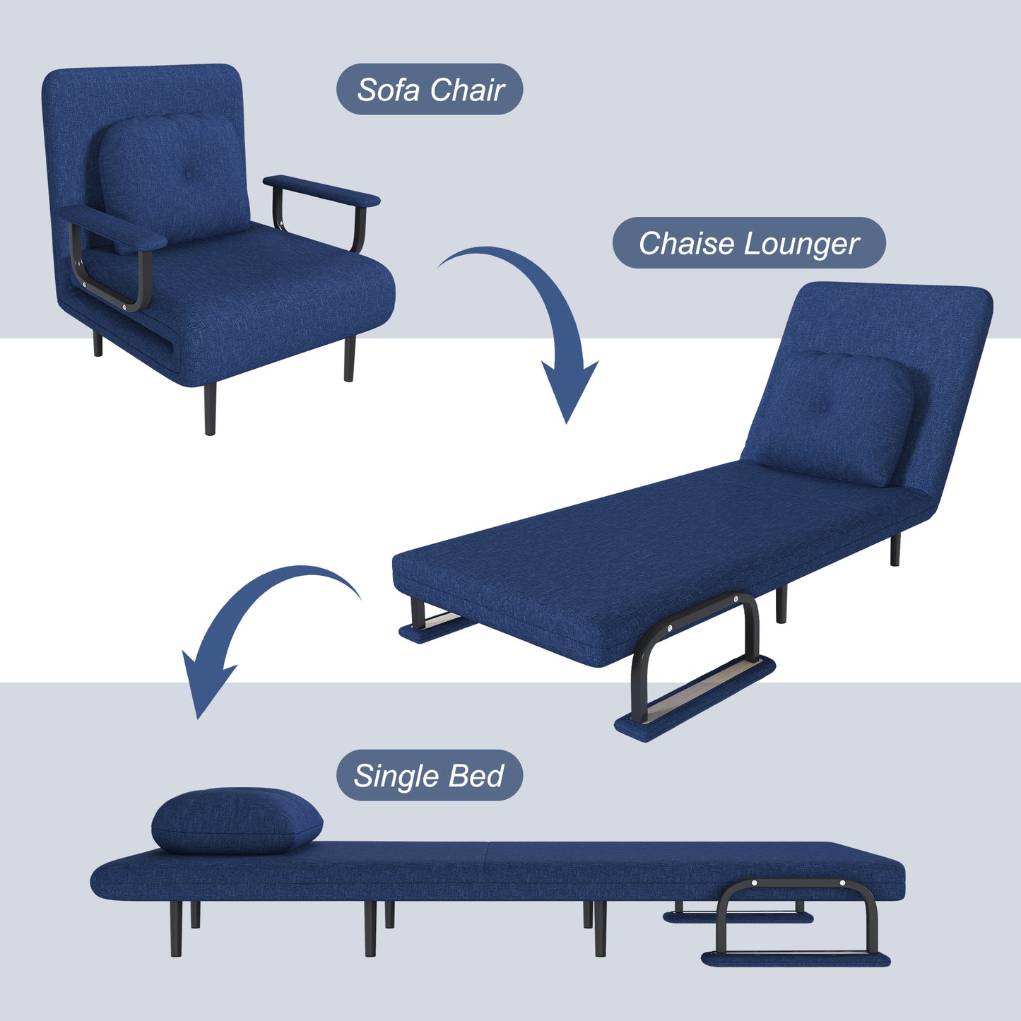 Folding Sofa Bed 3-in-1 Convertible Chair - 5-Position Adjustable Backrest With Pillow Space-Saving Sleeper For Living Room Bedroom & Office Blue