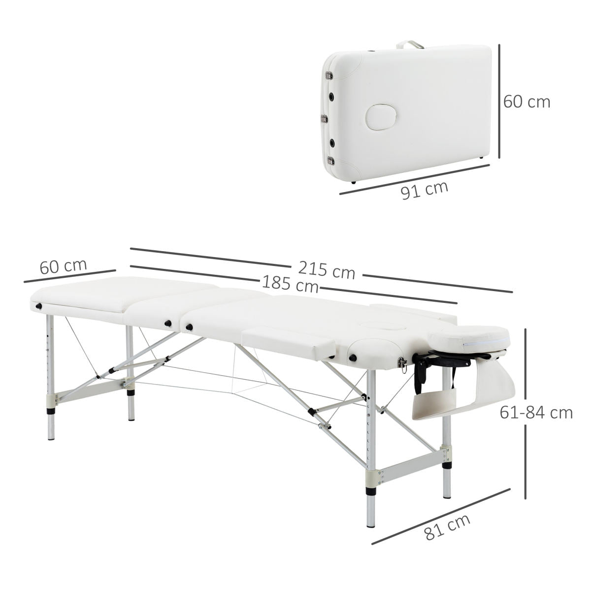 Foldable Massage Bed Portable Table, 3-Section Aluminium Foldable Beauty Couch, Professional Salon Spa Table With Headrest Support And Carry Bag, 81 Cm Width, White