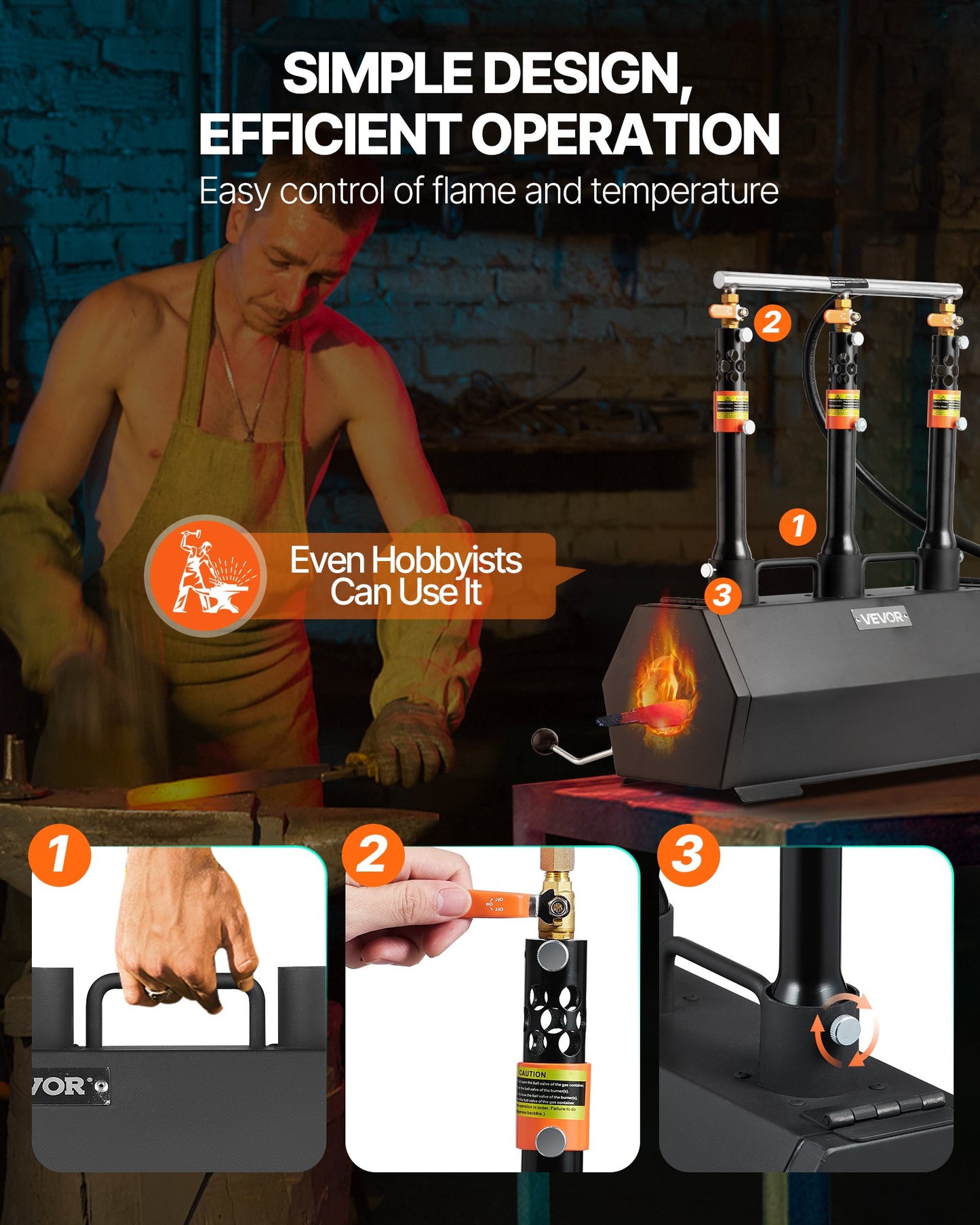 Portable Propane Forge, 3 Burners, 2600℉ Tool And Knife Making Blacksmithing Farrier Forge, Large Capacity Hexagon, Cold-Rolled Steel Gas Forging Tools And Equipment, Use For Metal Forging