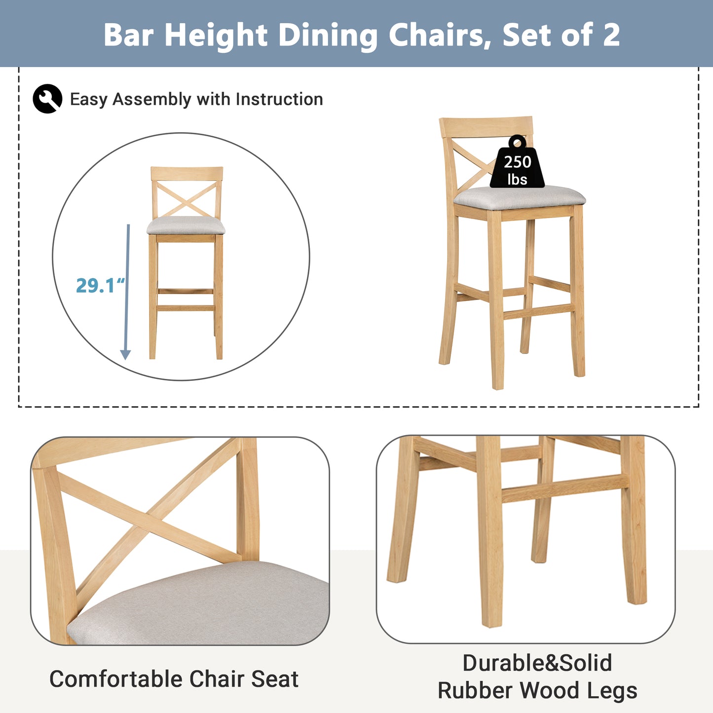 TOPMAx Farmhouse 48 Rectangular Wood Bar Height Dining Set Kitchen Breakfast Nook With 2 Chairs For Small Places Natural Beige