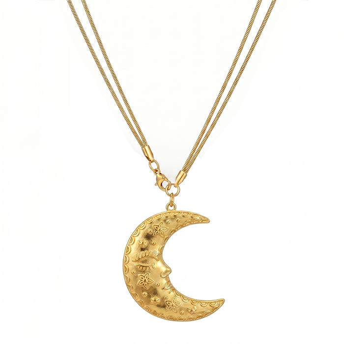 Double Layer Moon Face Pendant Necklace For Women, 18K Gold Plated Stainless Steel Snake Chain Choker, Celestial Boho Starry Jewelry Gift