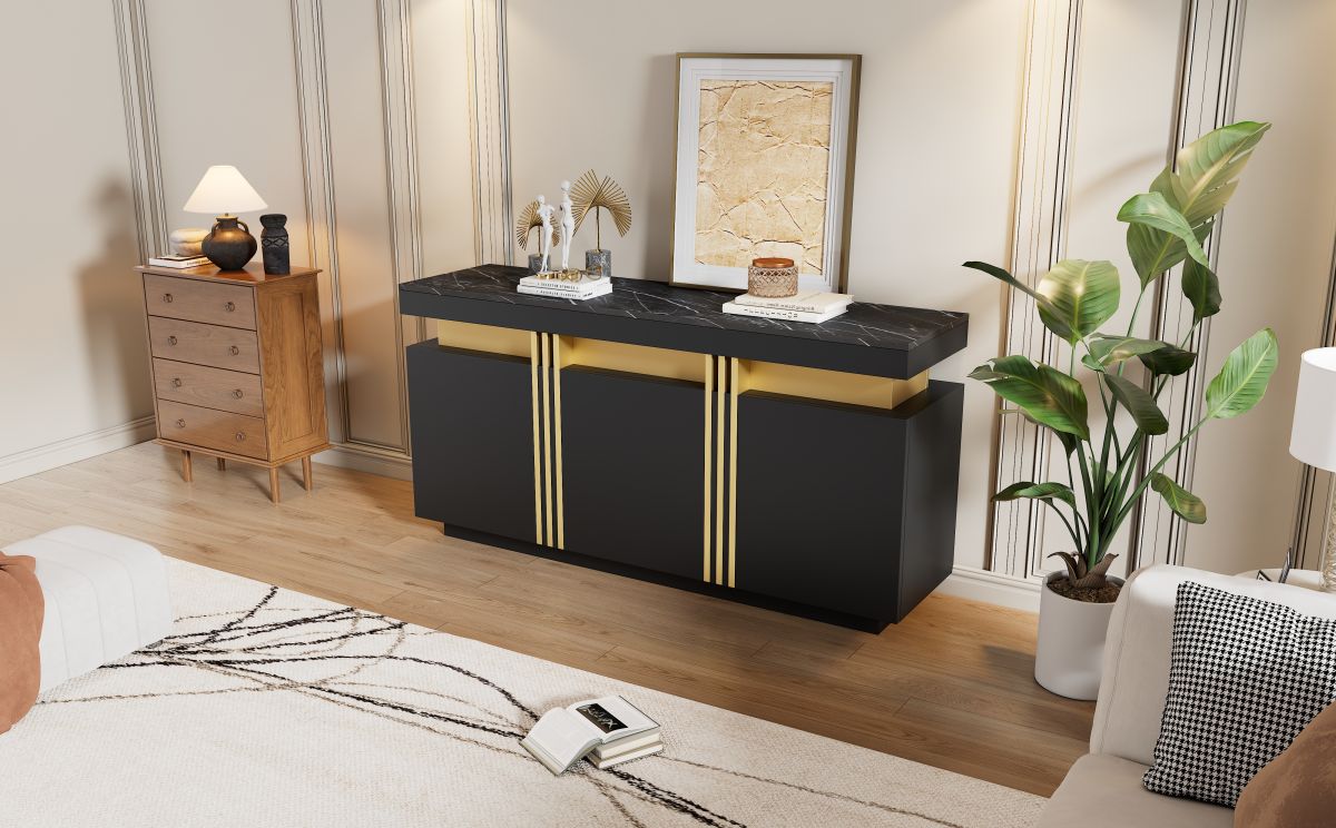 Modern Black & Gold Buffet Cabinet, 55'' Sideboard With Faux Marble Top, Luxury Storage Credenza With 3 Doors & Adjustable Shelves For Kitchen, Dining Room, Living Room, Entryway