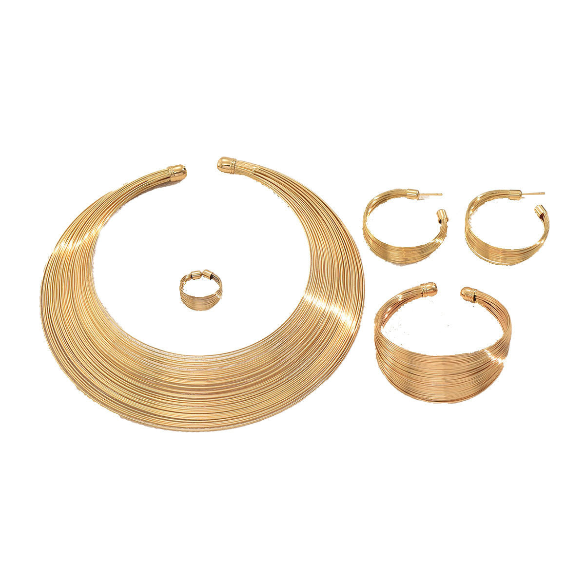 Cross-border European American Women Multi-Layer Metal Jewelry Set, Geometric Line Design Choker & Adjustable Open Bangle, Versatile Daily Wrist Neck Accessories
