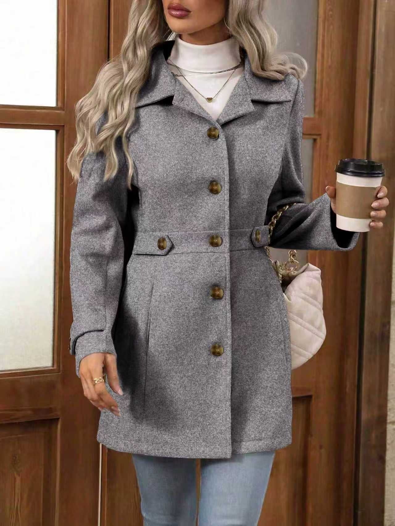 Women's Solid Color Wool Blend Coat, Fashion Lapel Button Up Casual Elegant Overcoat For Autumn