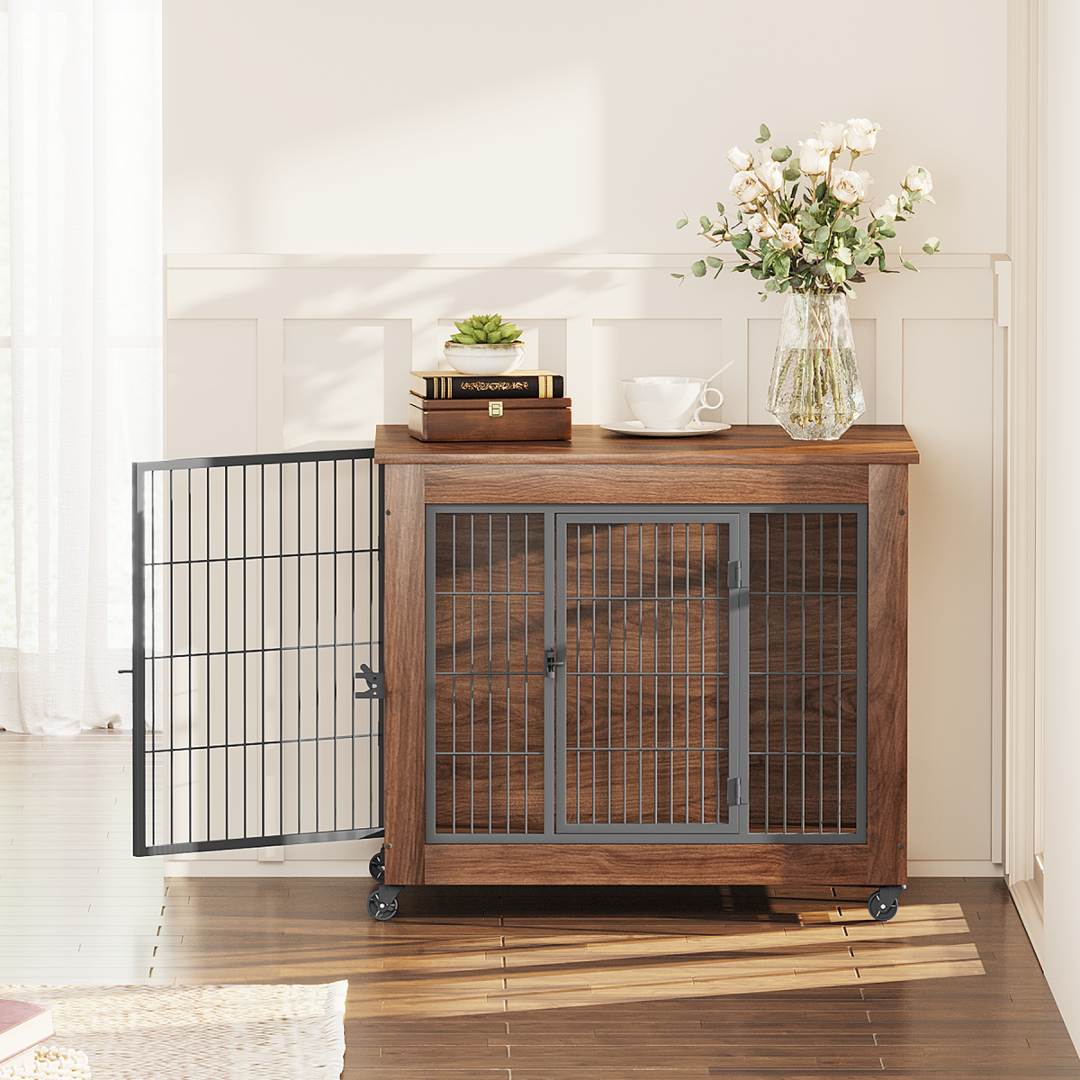 32.5 Dog Crate Furniture With Wheels For Small Dogs, Heavy Duty Dog Kennel Indoor With 2 Doors, Wooden Pet Cage End Table, Double-Doors Sturdy Metal Dog Cage For Anxiety Dog