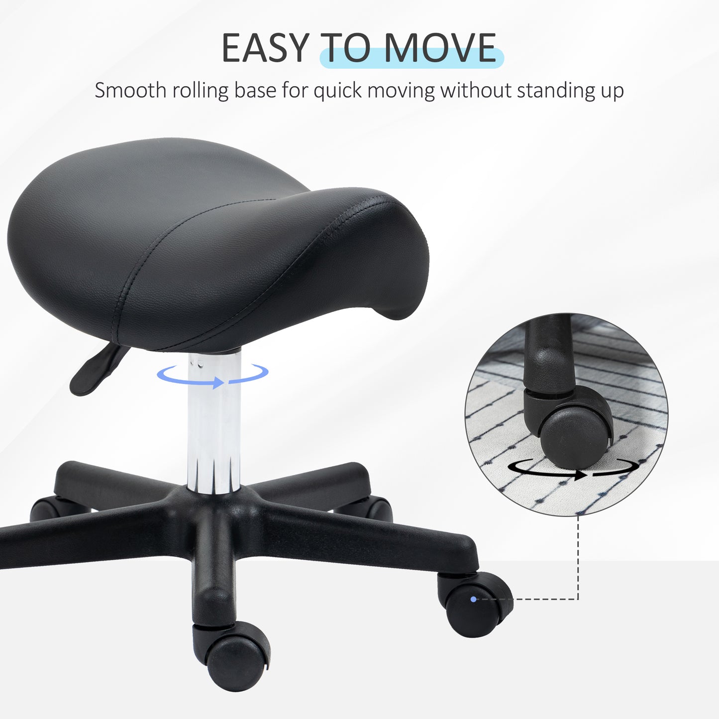 Saddle Stool, PU Leather Adjustable Rolling Salon Chair With Steel Frame For Massage, Spa, Beauty And Tattoo, Black