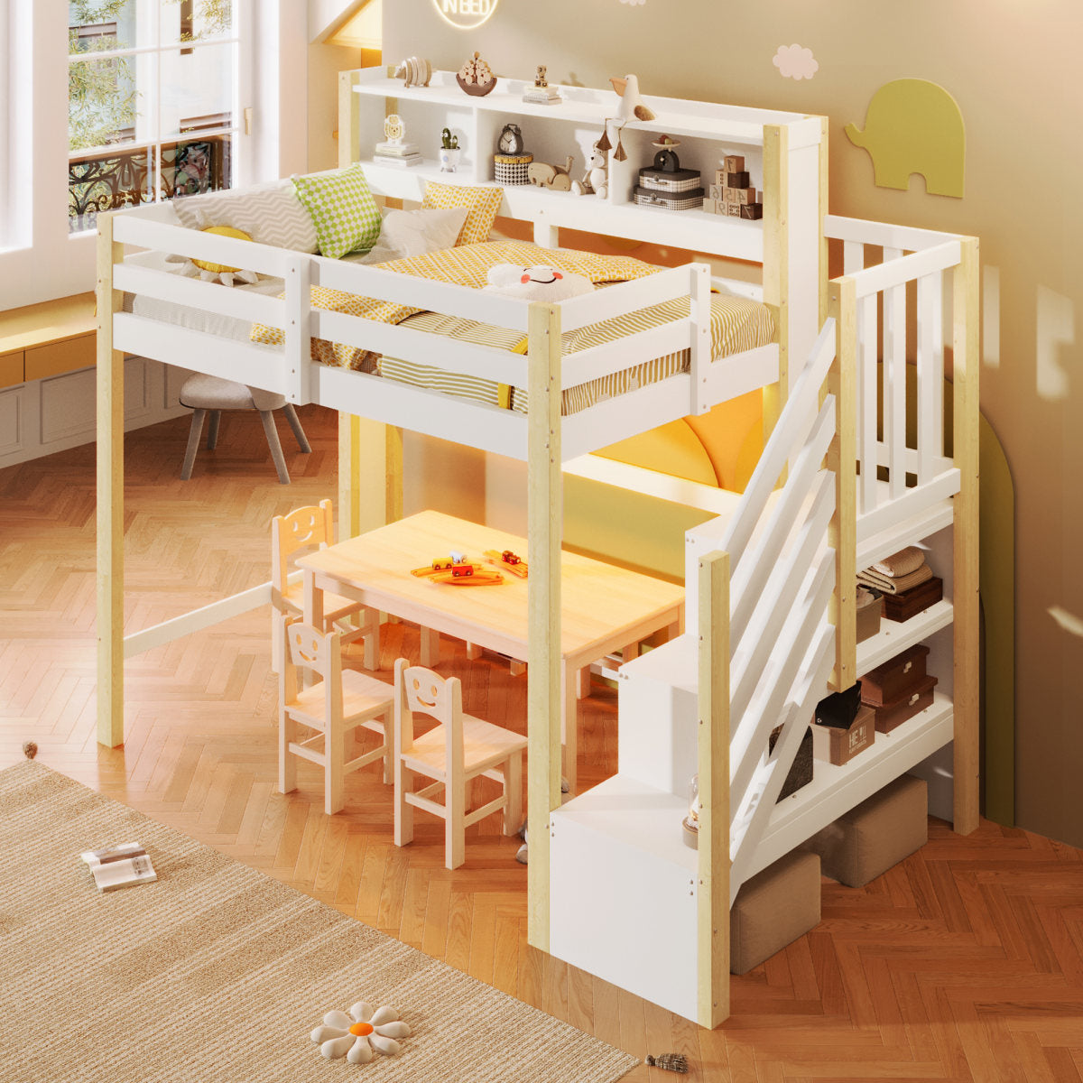 Loft Bed, 90x200cm, With LED Lights, Large Storage Space Under The Bed, Storage Ladder, Open Storage Compartment, Without Mattress, White Natural