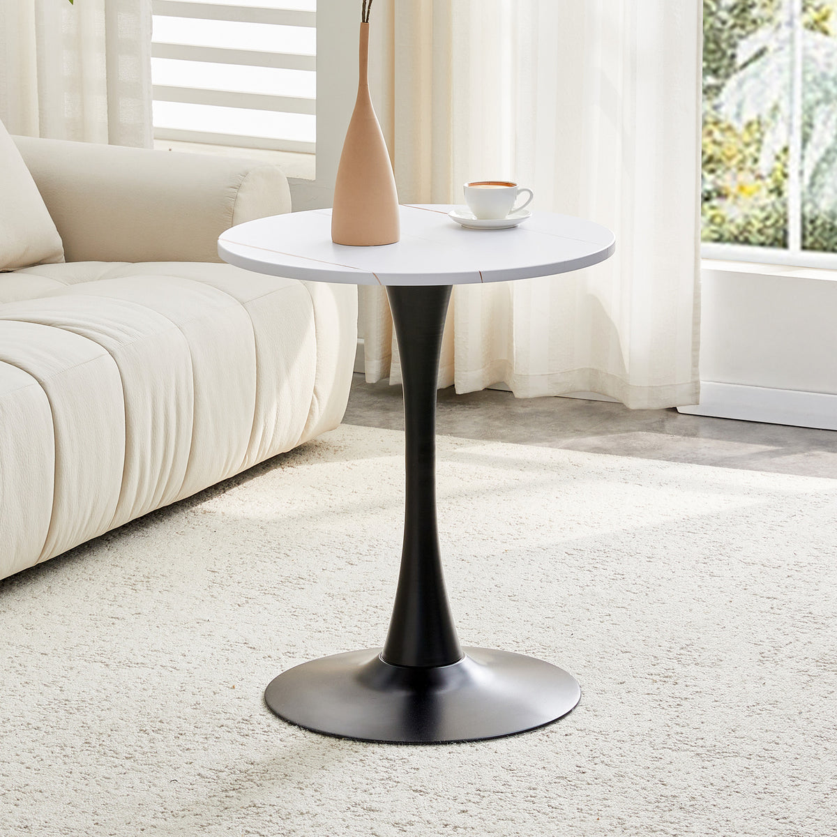 Round Dining Table, 23.6in Circle Tulip Table With Thickened Tabletop & Metal Pedestal, Mid Century Modern Bistro Table For Kitchen, Small Places, Living Room, Cafe White