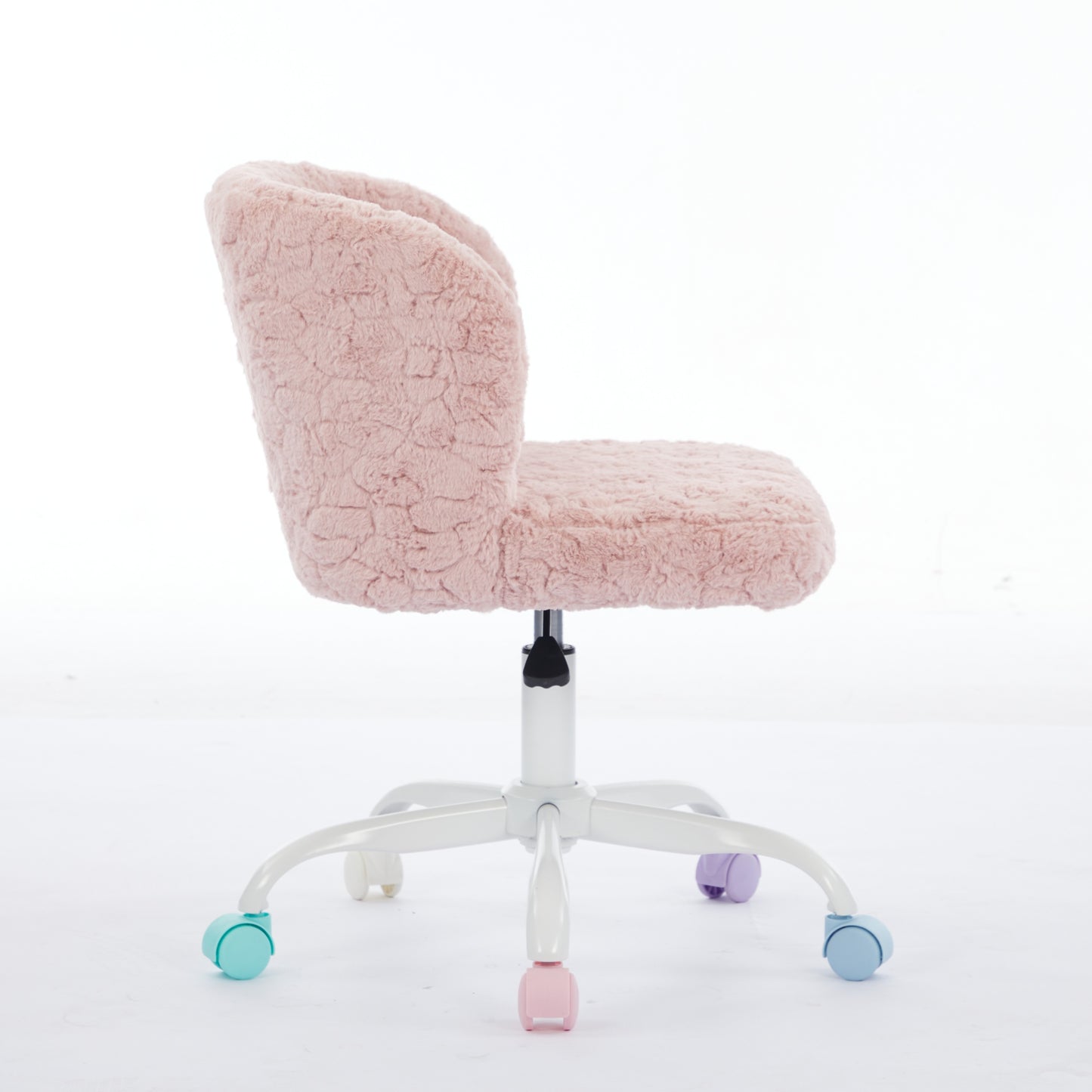 Girls Faux Rabbit Fur Desk Chair, Cute Fluffy Adjustable Swivel Vanity Chair With Silent Colorful Wheels, Soft Upholstered Office Chair For Bedroom, Study Room And Dorm, Pink