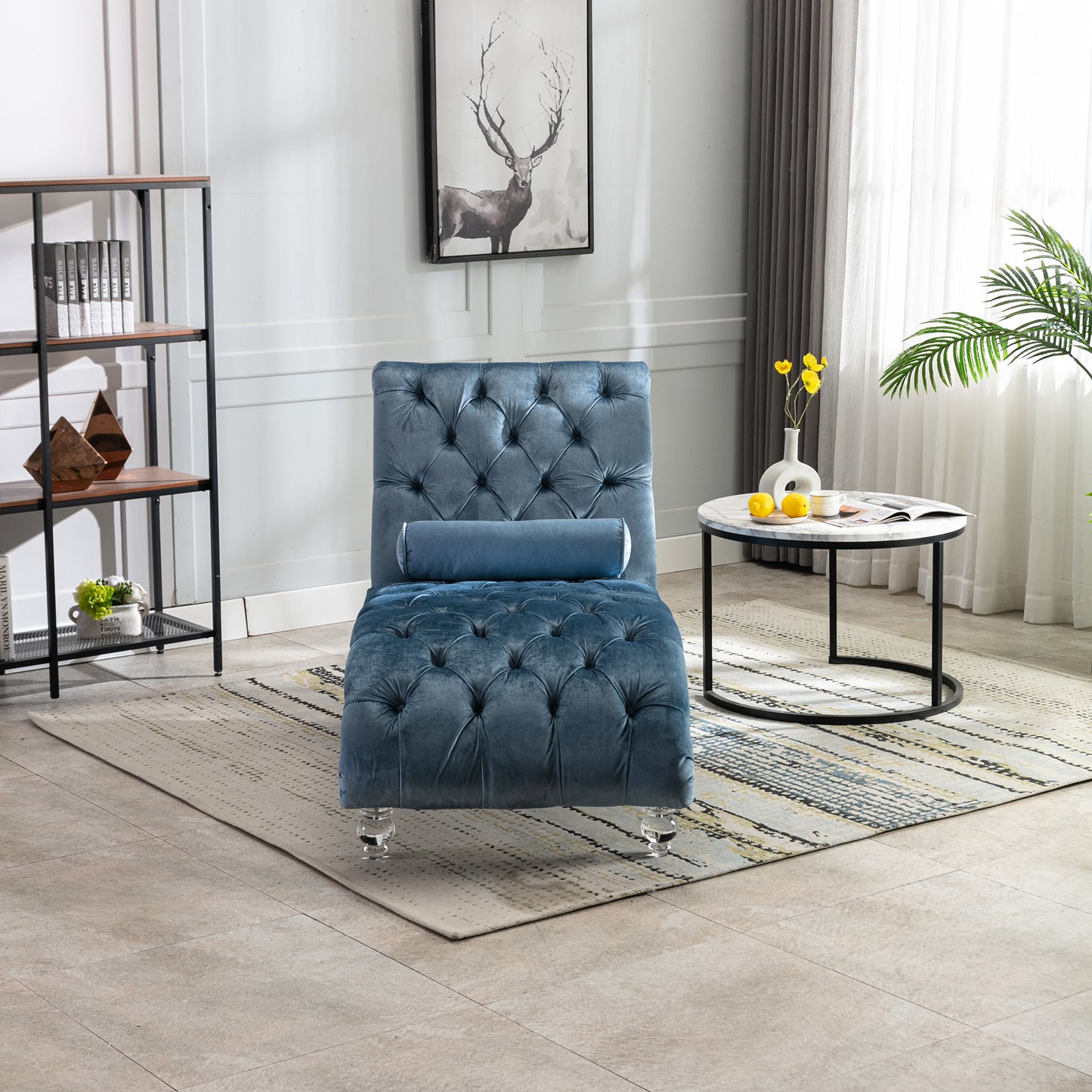 Velvet Chaise Lounge Indoor,Button-Tufted Upholstered Chaise Lounge Chair With Pillow For Bedroom Living Room Office Light Blue Velvet