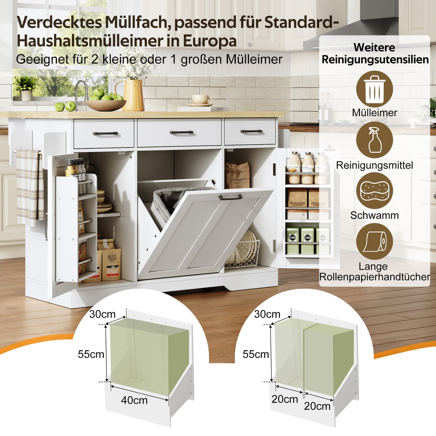 Mobile Kitchen Island With Foldable Worktop, Kitchen Trolley, Storage Cupboard, Garbage Cabinet, Buffet Cabinet With Spice Rack, Drawer And Castors, 120 X45X87 Cm