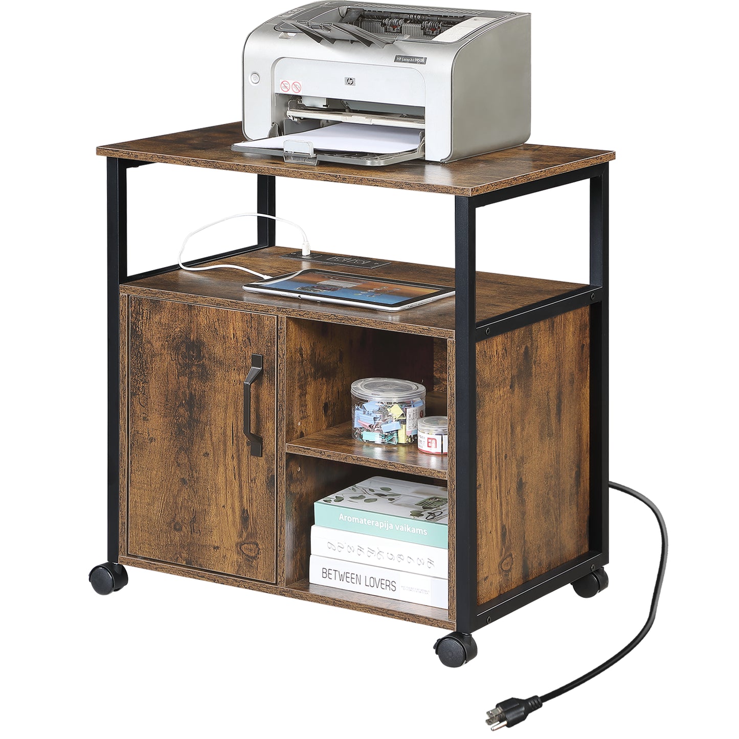 File Cabinet,Office Filing Cabinets With Socket And USB Charging Port,Printer Stand With Storage For A4, Letter Size,Metal Side Frame ,Easy Installationfor Home Office, Rustic Brown Black