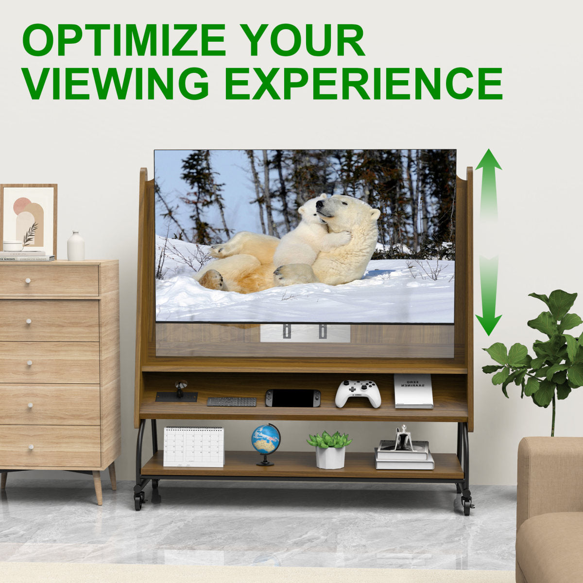 Mobile TV Stand With Mount For 32-50 TV With Projector Screen & Power Outlets - Adjustable Rolling TV Cart, MDF Wood