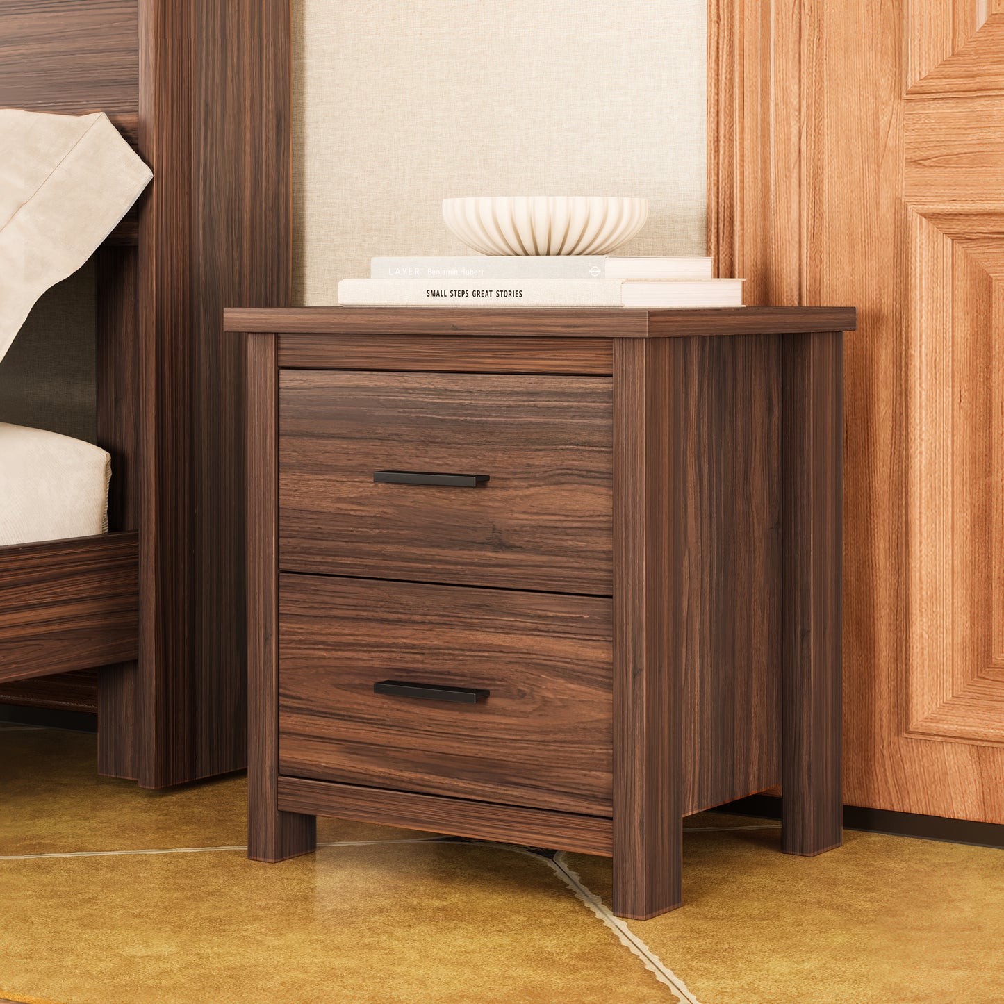 4PCS Bedroom Sets, Wooden Queen Size Bed Frame With Storage Headboard And Charging Station, 2 Nightstands With 2 Drawers, 1 Dresser With 5 Drawers, Walnut Old SKU HL000102AAD