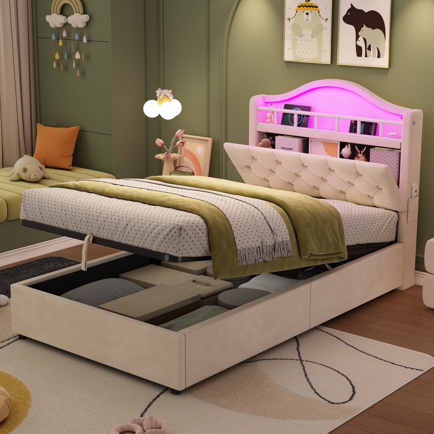 3ft Single Hydraulic Bed In Velvet, LED Bed Frame With Charging Station & Diamond Tufted Headboard, Multi-zone Storage, Solid & Stable Base,Beige No Mattress