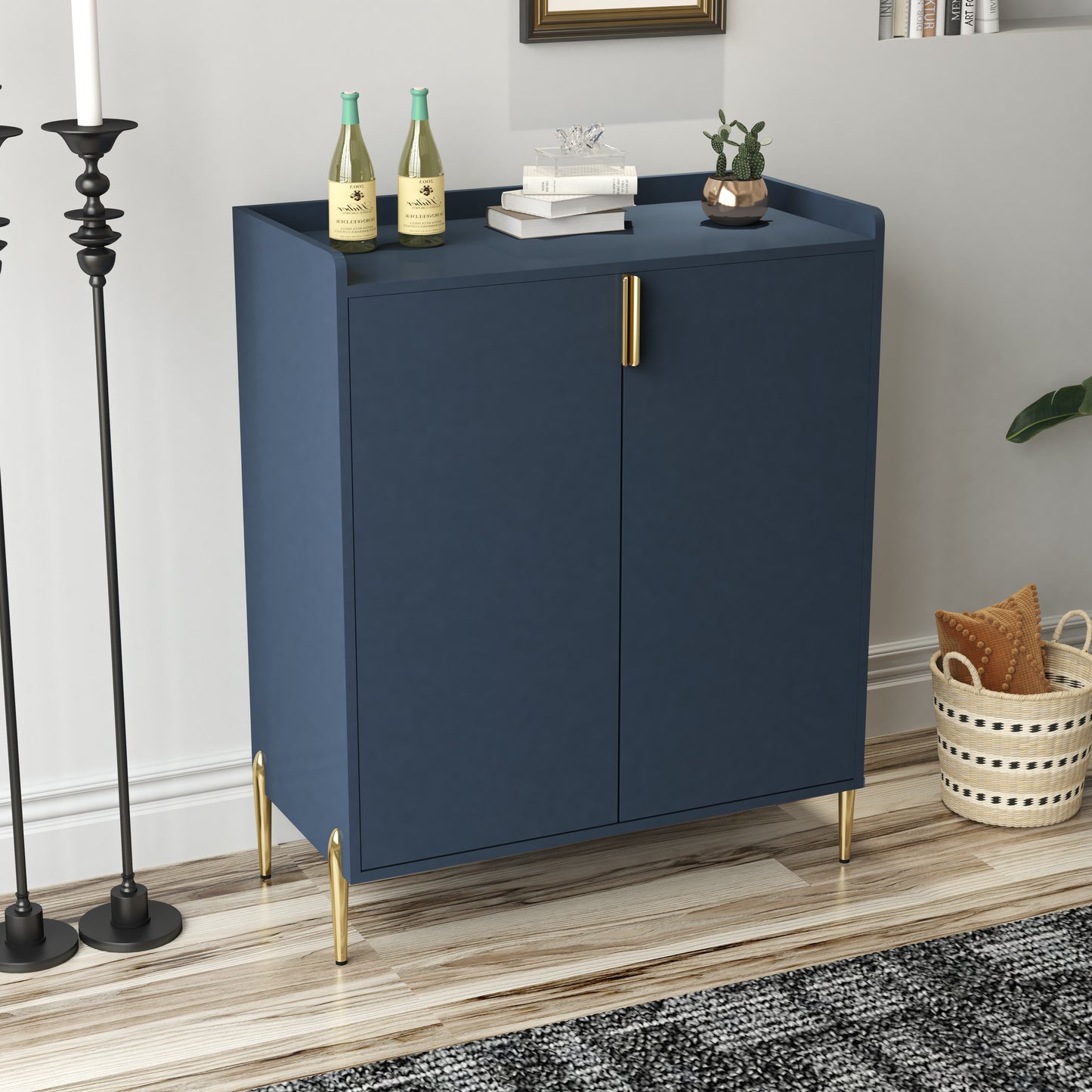 2 Doors Home Wine Bar Cabinet With Wine Rack & Adjustable Storage Shelf, Modern Sideboard With Soft-closing Hinge, Dinning Room Buffet Cabinet, Liquor Cabinet Kitchen, Living Room Coffee Cart Blue
