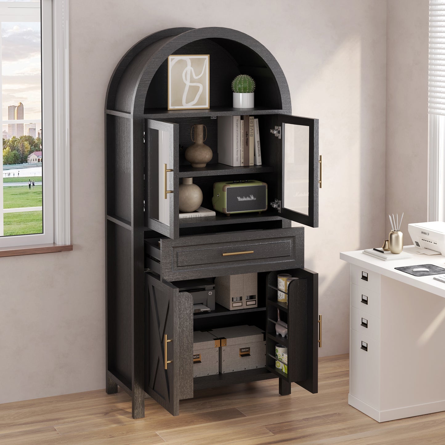 71 Tall Arched Kitchen Pantry Cabinet With Glass Door, Farmhouse Storage Pantry Cabinet With Adjustable Shelves & Barn Door Design For Kitchen, Living & Dining Room, Black