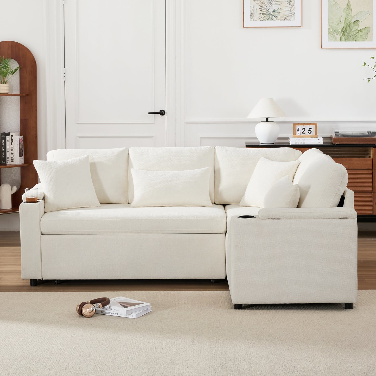 L Shaped Extendable Convertible Corner Sofa With Storage, Cup Holders, USB Charging Port, Armrest Tray And 4 Cushions, Ideal For Living Room, Guest Room And Home Cinema, Beige.