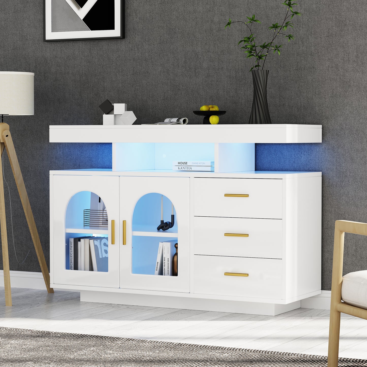 323704705WAA LED Sideboard Buffet Cabinet, 120cm Coffee Bar Cabinet, Drawer Cabinet, Sideboard Living Room, High Gloss Kitchen Cabinet With 16 Color Lights For Dining Room White