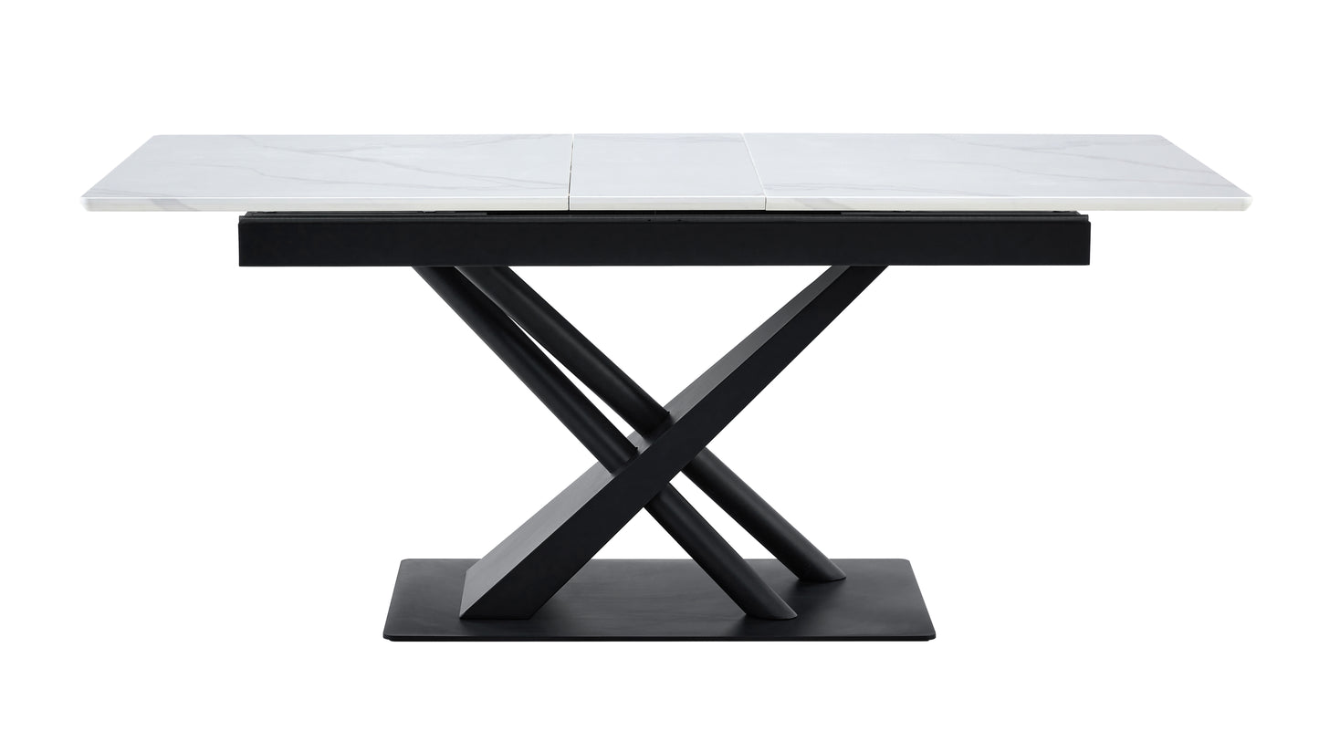 Modern Dining Table With White Marble MDF Veneer Paper Tabletop And Geometric X-Frame Metal Spray-Painted Legs, Sturdy Metal Base For Contemporary Kitchen Or Dining Room White Marble, 1 Table