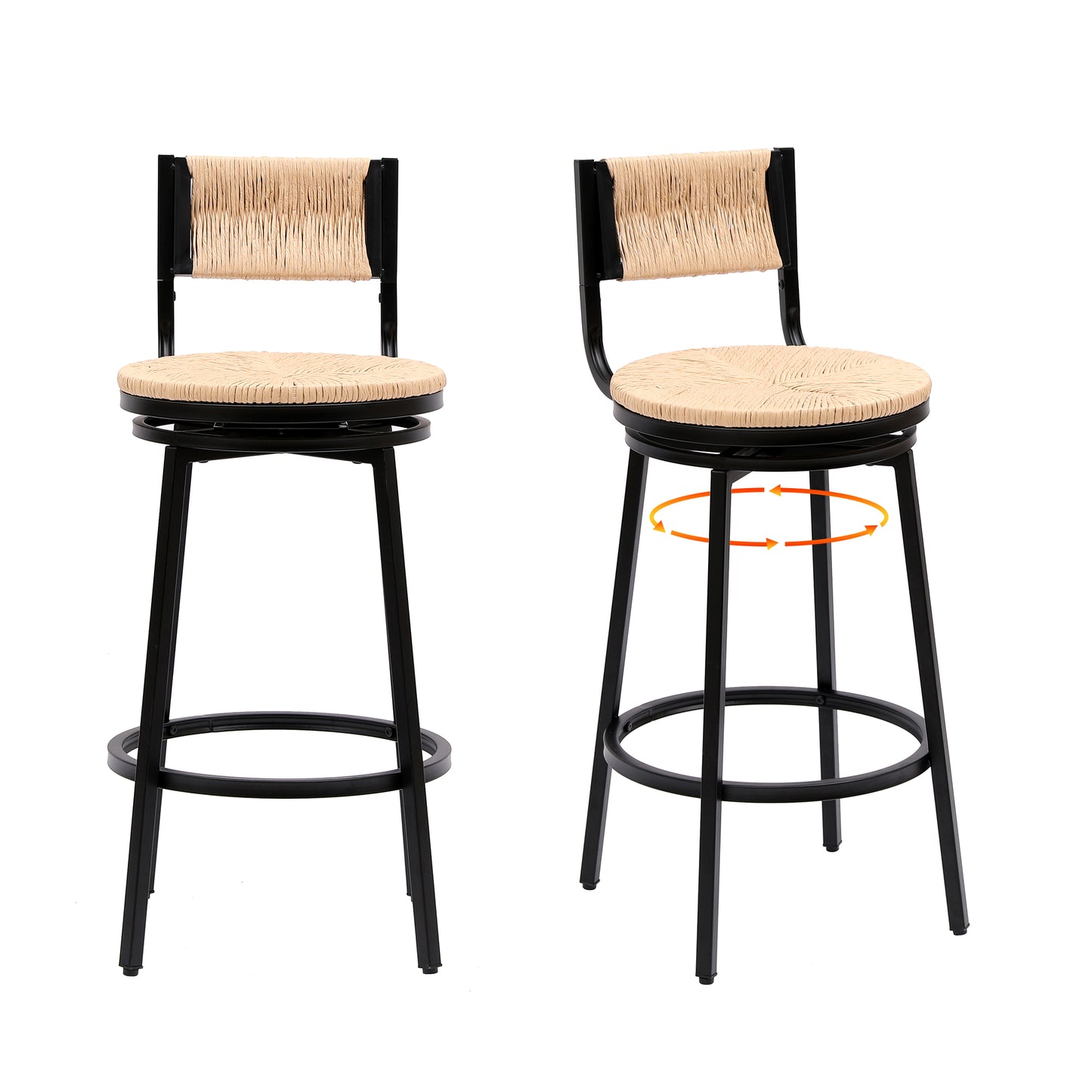 Honey Swivel Bar Stools Paper Rope Handwoven Barstools With Back Set Of 2 Rustic Round Counter Chairs For Dining Room, Kitchen Island Honey
