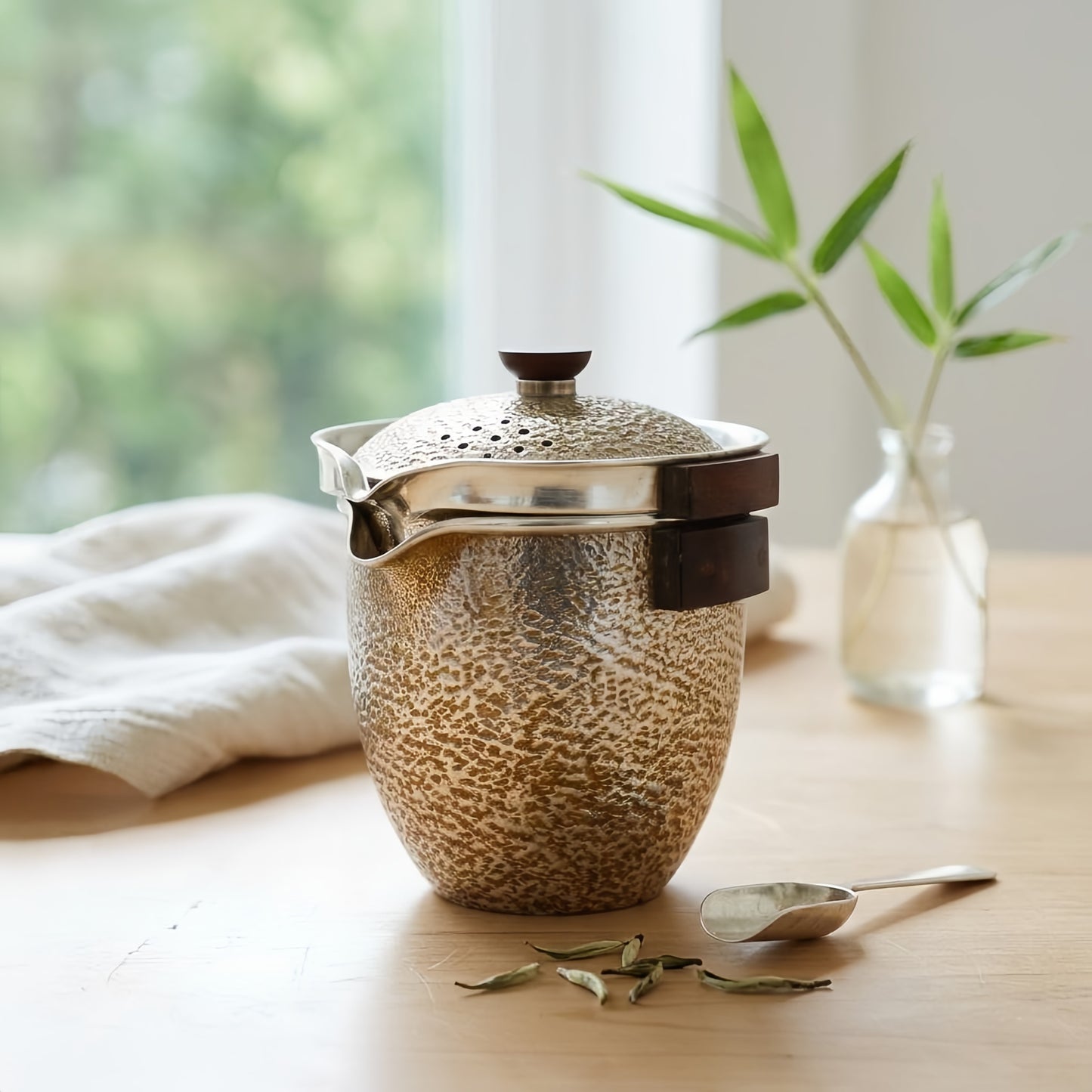 925 Sterling Silver Elegant Handcrafted Metallic Pot with Gold Speckles and Wooden Handles-Fine Tea Dispenser - Handicraft