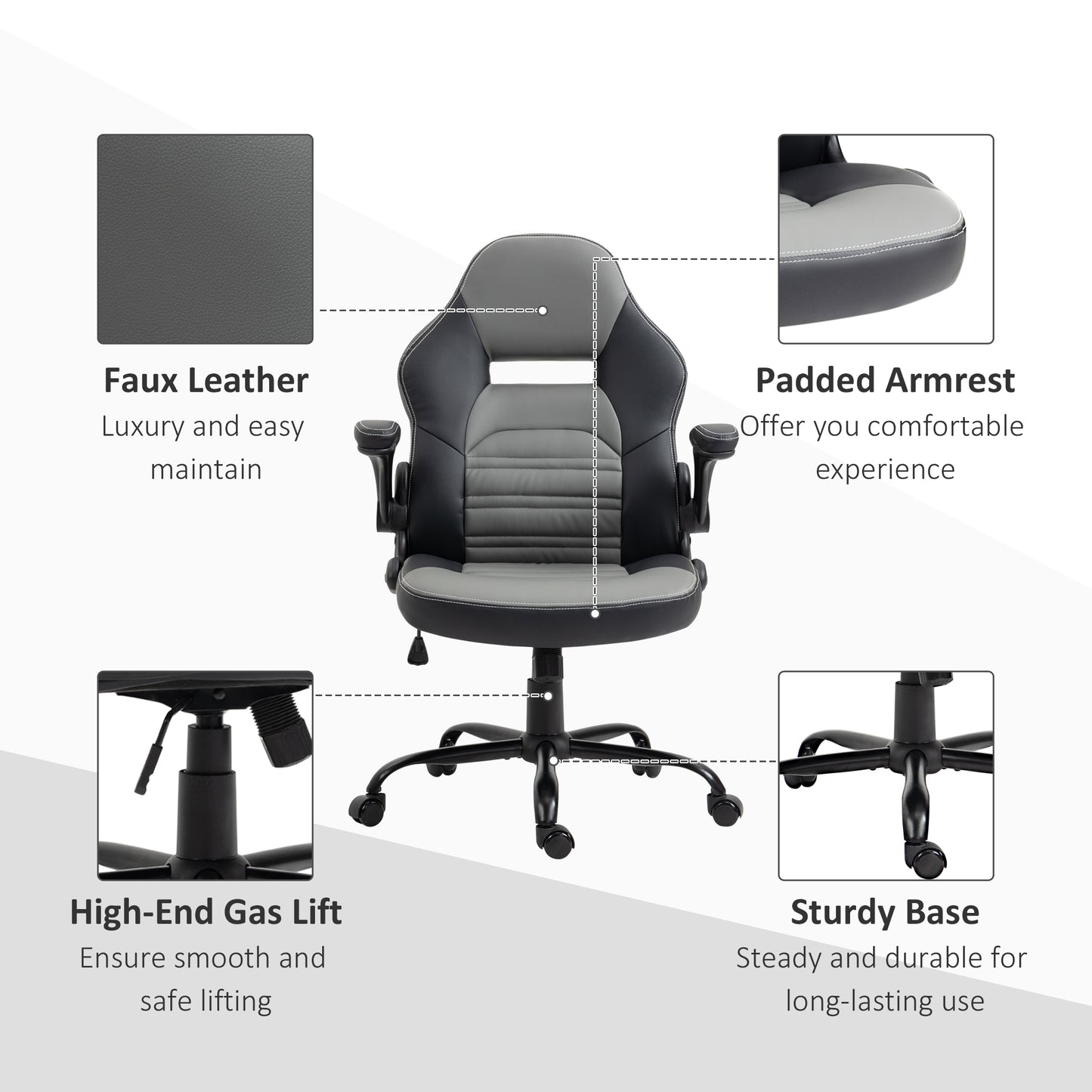 PU Leather Gaming Chair with Flip-up Armrests, Racing Style Computer Chair, Height Adjustable Home Office Chair with Swivel Wheels and Tilt Function, Gray