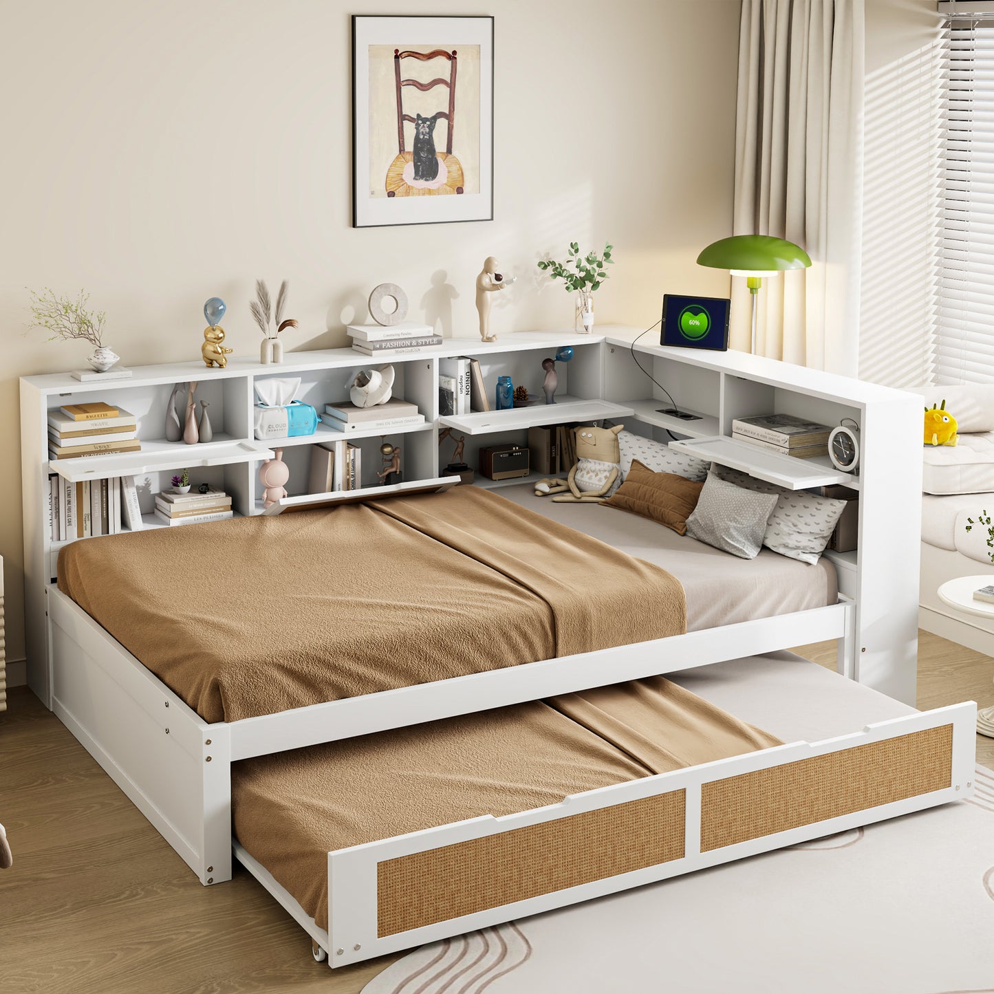 Wooden Sofa Bed 140x200 With Trundle Bed Multifunctional Single Bed Cot With Many Storage Compartments And Charging Port White