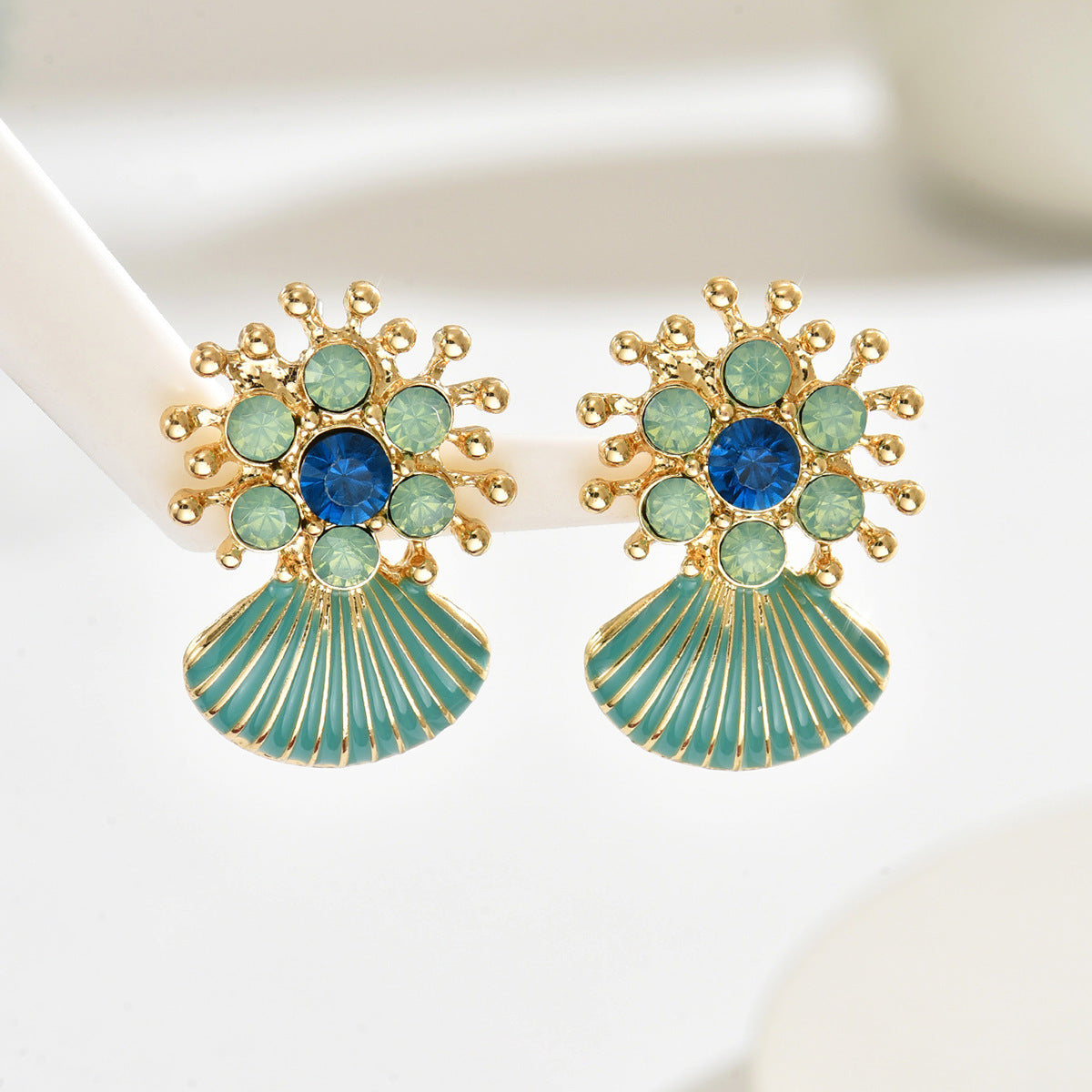 Cross-border Fashion European American Ocean Style Women Earrings, Geometric Shell Oil Drip Stud Earrings Inlaid Cubic Zirconia, Versatile Daily Ear Accessories