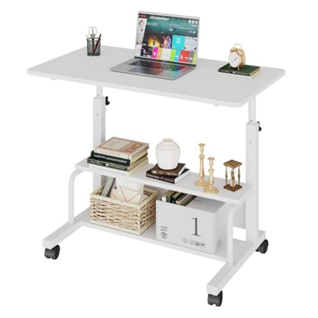 31.5-inch Manual Standing Office Desk, Portable Computer Table With Adjustable Height, Equipped With Lockable Wheels And Double-layer Storage Space
