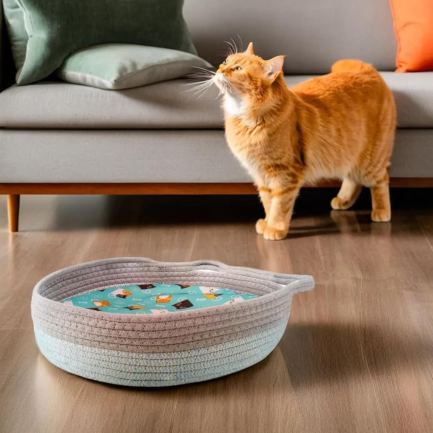 Round Cat Bed For Indoor Cats Cat Basket Bed Wicker Cat Donut Beds Cooling Cat Nest For Summer Sleeping Washable Pet Pad For Cat Scratching