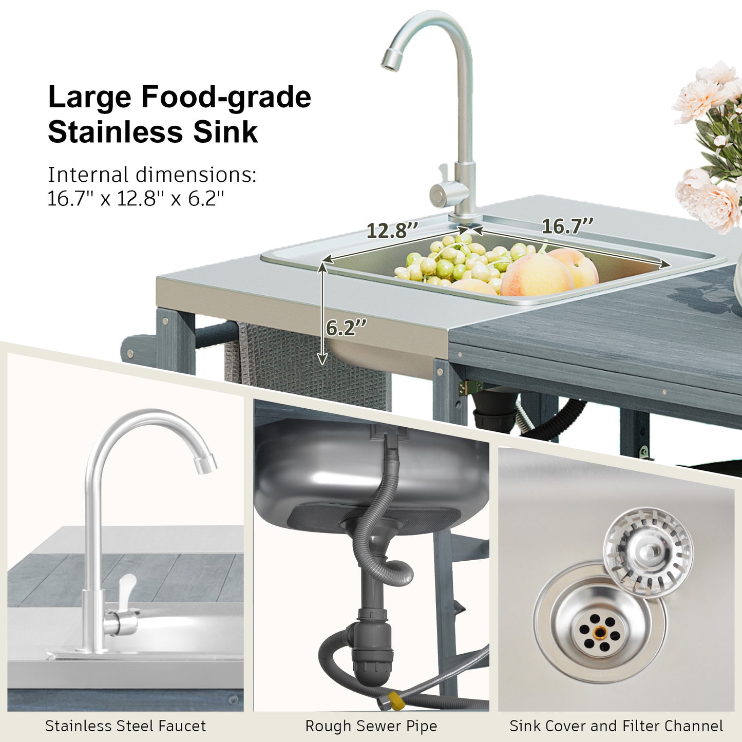 K&K 75.4 Outdoor Kitchen Island With Sink, Solid Wood Outdoor Grill Cart For XL Green Egg Grills, Rolling Outdoor Bar Cart With Stainless Steel Top, For Pizza Prep & BBQ, Grey Blue