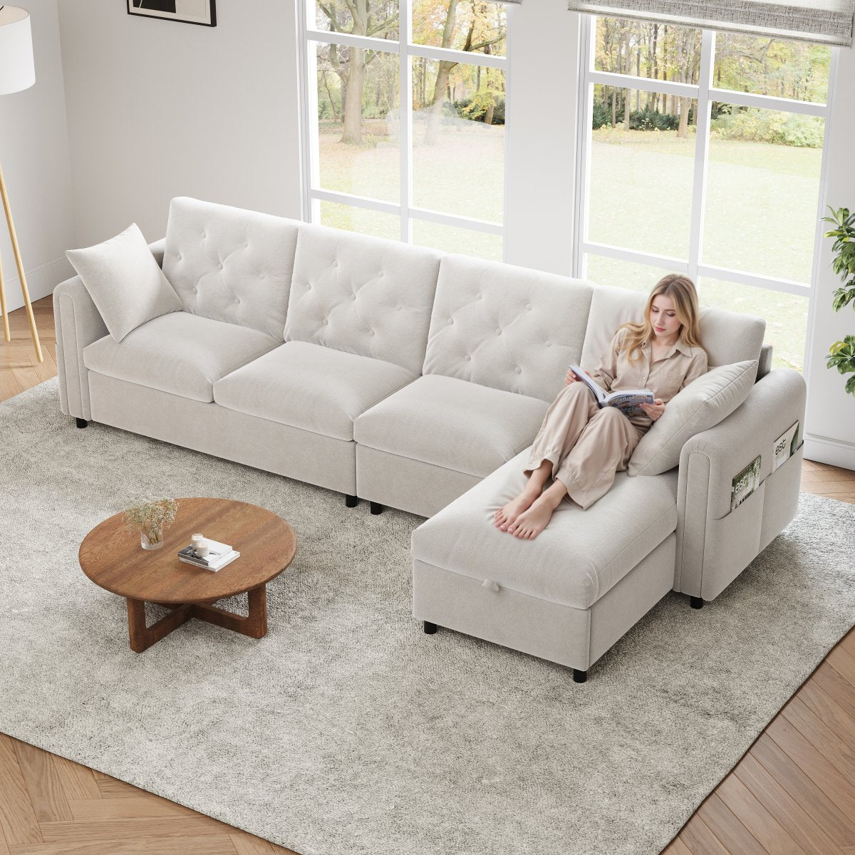 Modern Velvet L-Shaped Sectional Sofa With Storage Chaise, Reversible Corner Storage Left Or Right Adjustable, Button-Tufted Backrest, Side Armrests With Magazine Pockets, Beige, 281 X 86 X 71 Cm