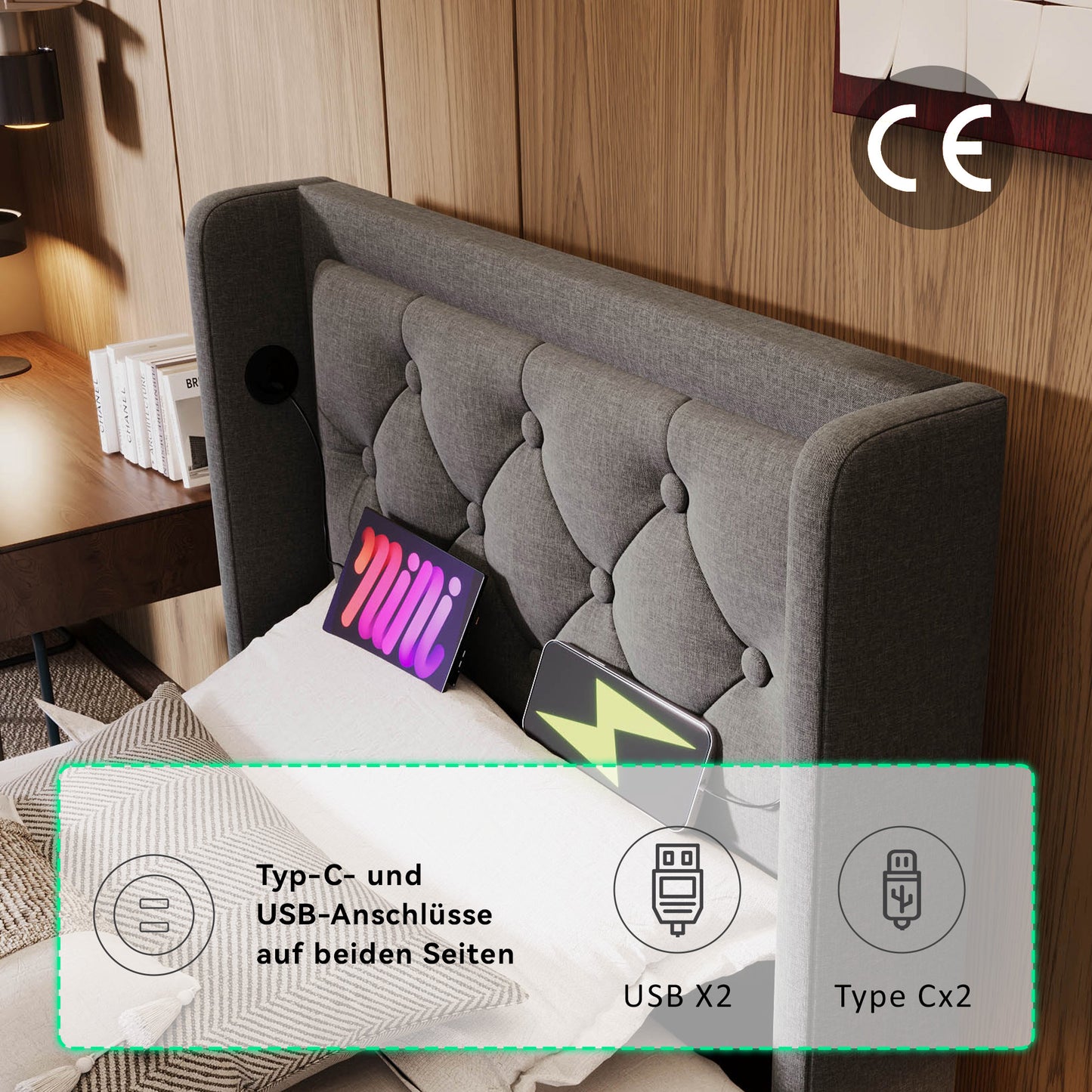 Sofa Bed Single Bed 90x200 Cm, Grey Cotton-Material Hydraulic Storage Bed, Cushioned Headboard With USB Type-C Charging Function, 3-sided LED Function Without Mattress