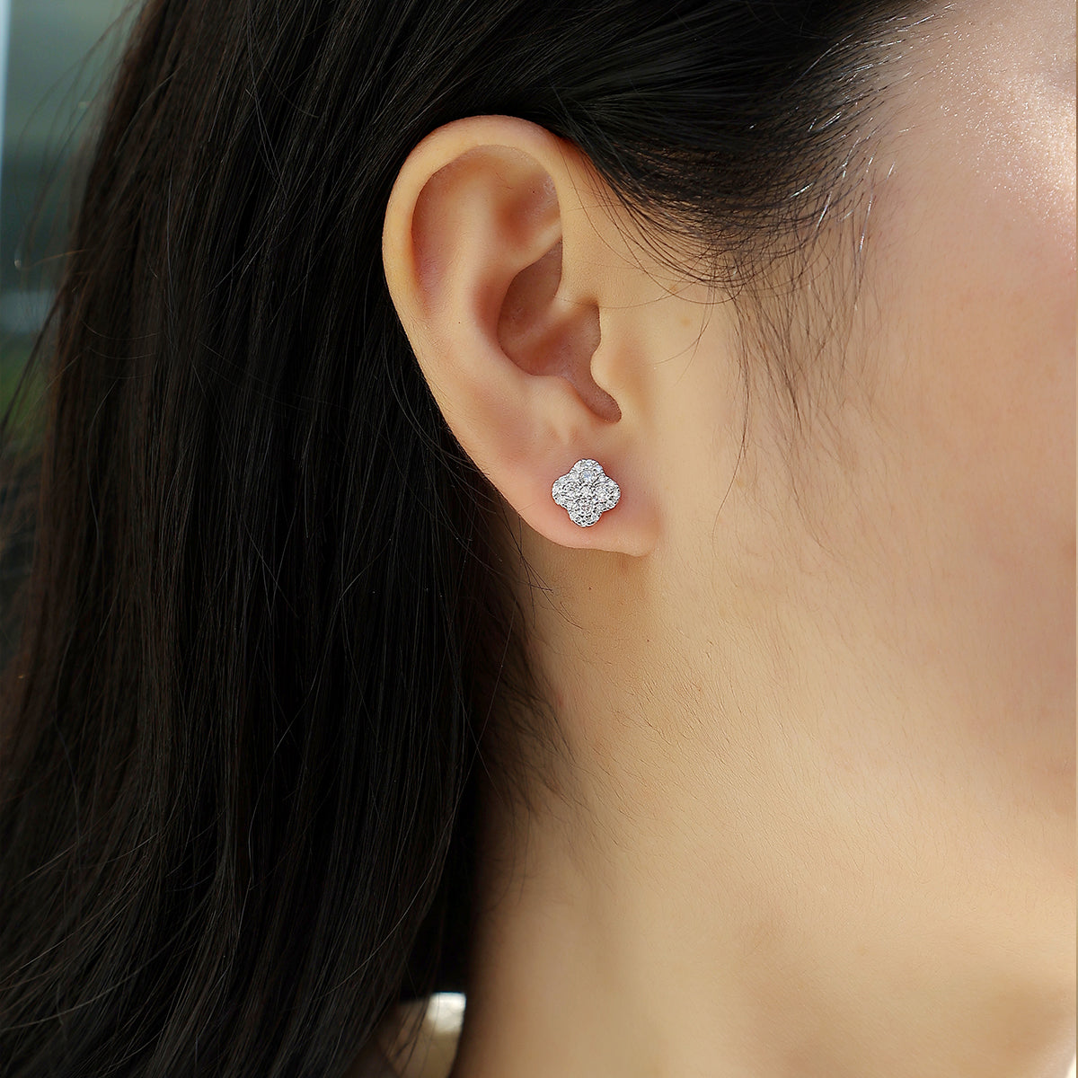 S925 Sterling Silver Clover Stud Earrings, D-VVS1 Moissanite Pave, Platinum Plated 1.2g Women's Jewelry Gift Box