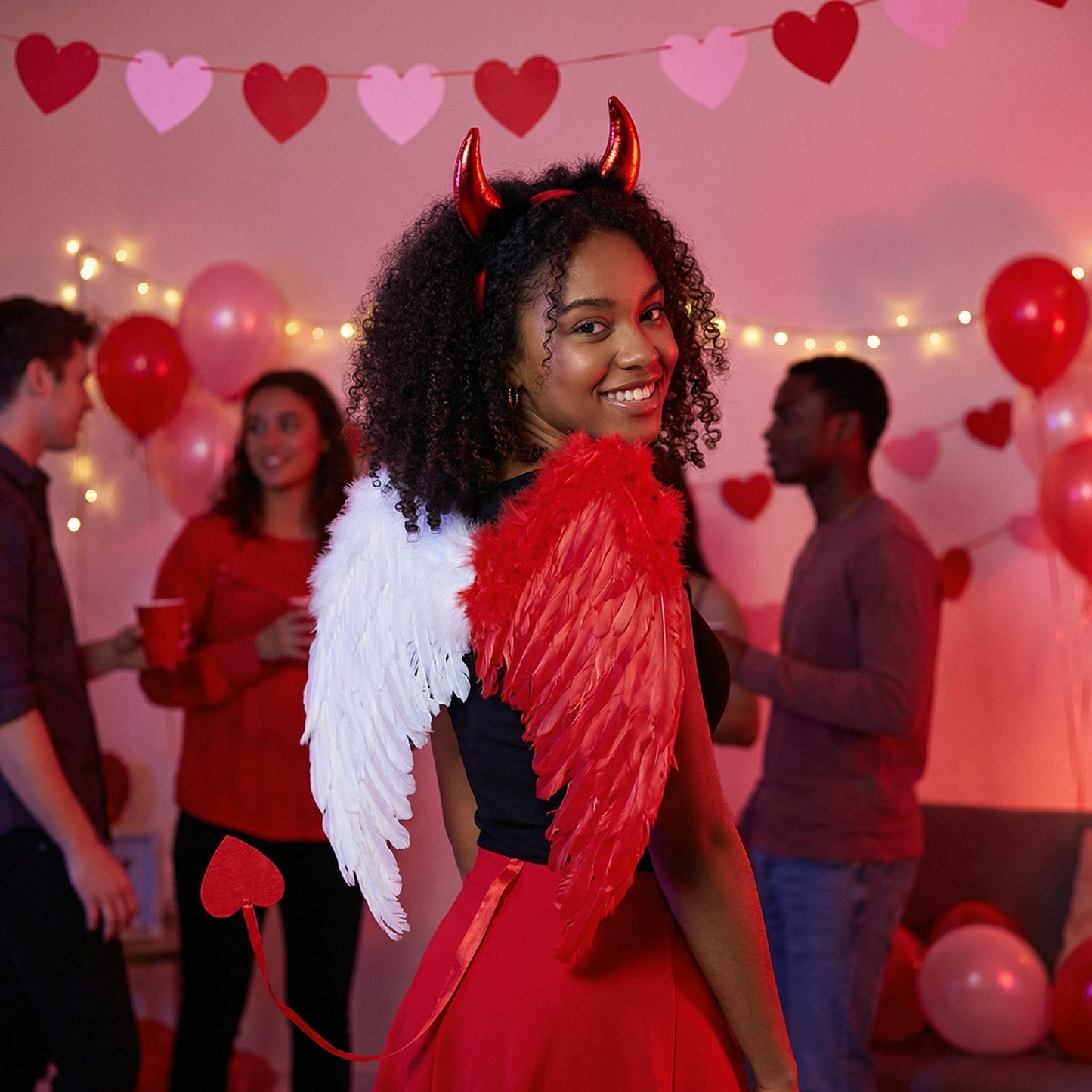 Red-and-White Feather-Wing Costume Set With Horn Headband | Theme Party Ensemble—Original Party Gifts For Adults