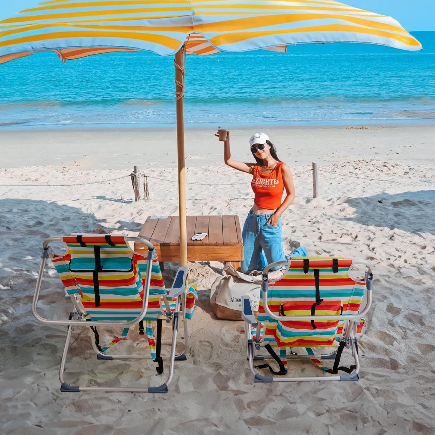 Adjustable Rainbow-Striped Backpack Beach Chair Portable Folding Lounger With Side Storage Pocket And Pillow Outdoor Beach, Camping, And Leisure Chair