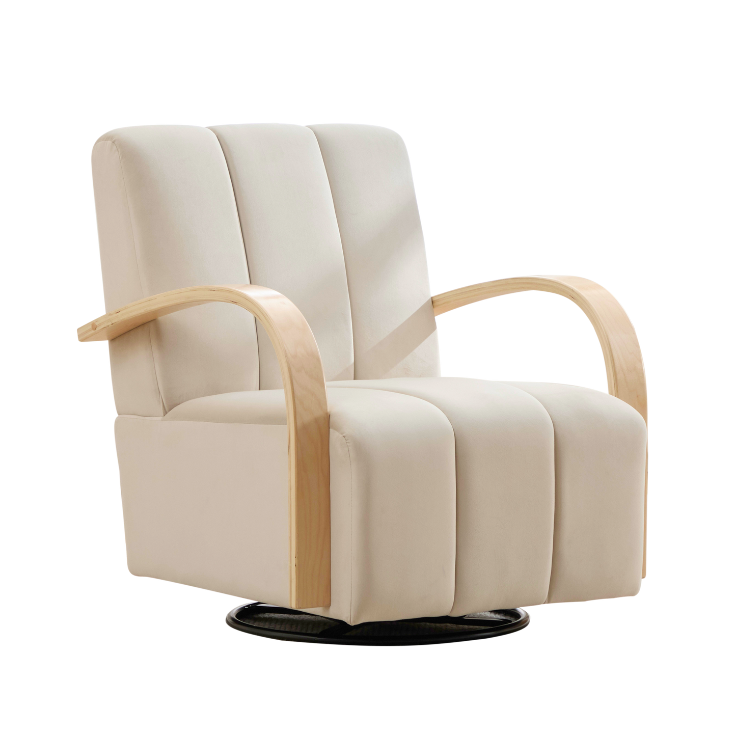 30.7 W Modern Upholstered 360 Swivel Accent Chair With Solid Wood Armrests And Comfy Channel Tufted Lounge Reading Chair, Single Sofa Armchair For Hotel Bedroom Living Room Office And Bedroom. Beige
