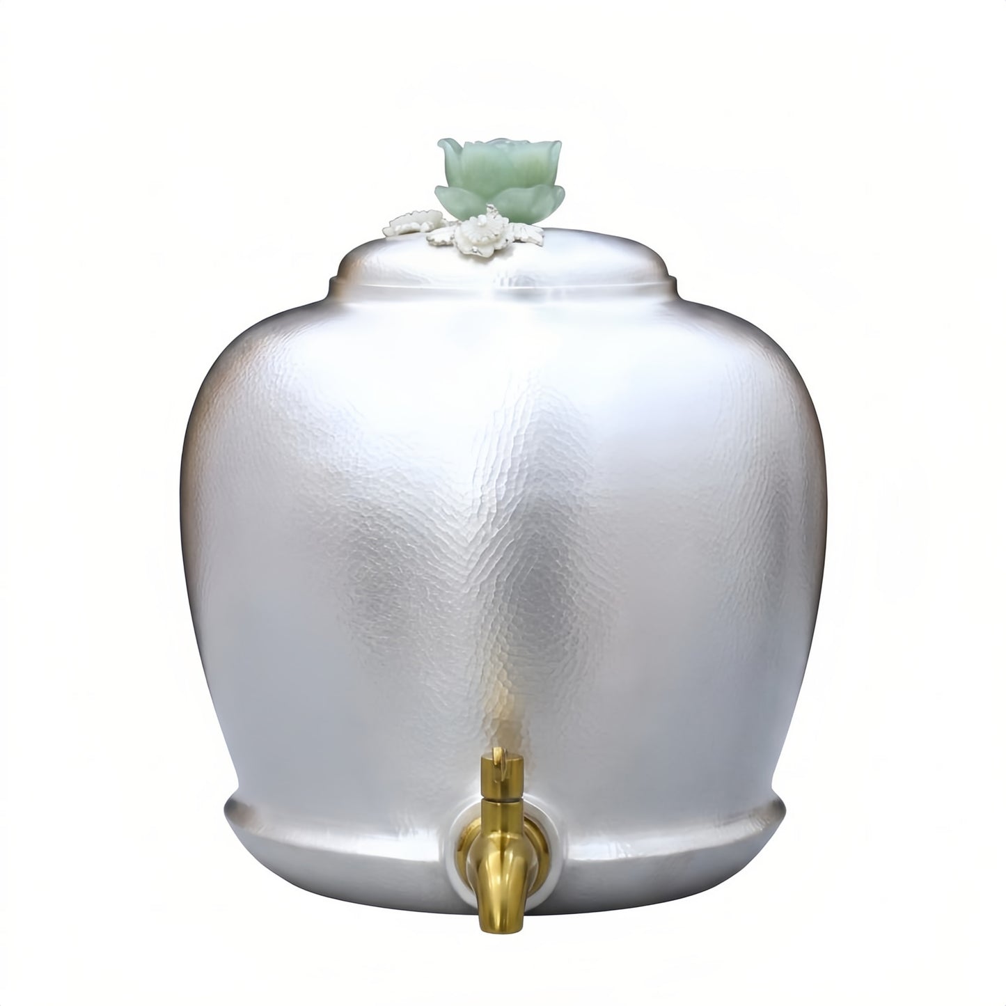 925 Sterling Silver Hammered Silver Metal Urn with Jade Flower Lid and Brass Tap for Elegant Decor - Handicraft
