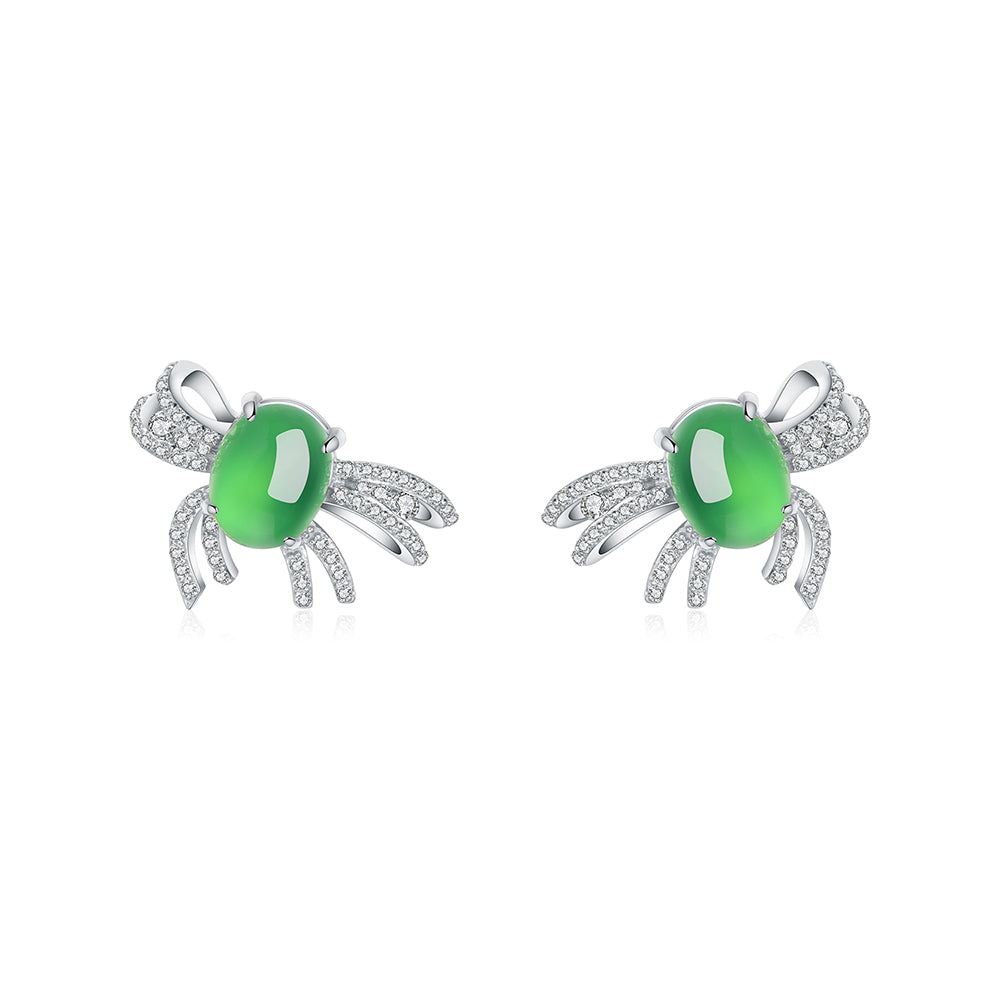S925 Sterling Silver Bowknot Earrings, 8x6mm Oval Cabochon Green Chrysoprase, Platinum Plated 3.9g Stud Earrings For Women With Fashion Gift Box