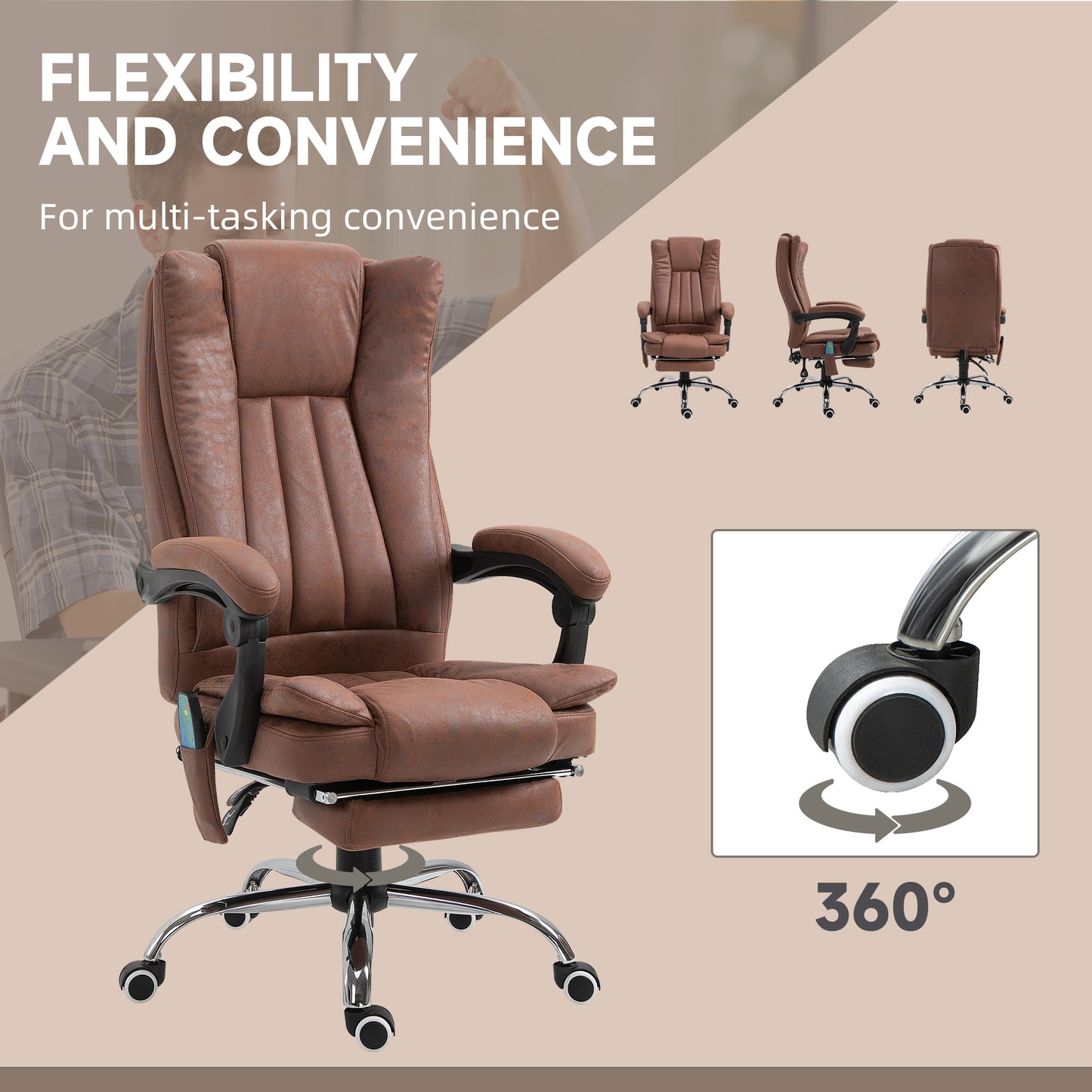 Vinsetto Office Chair With Massage And Heat, Microfibre Reclining Computer Desk Chair With Footrest And Adjustable Height, Swivel Wheels For Home Office, Brown
