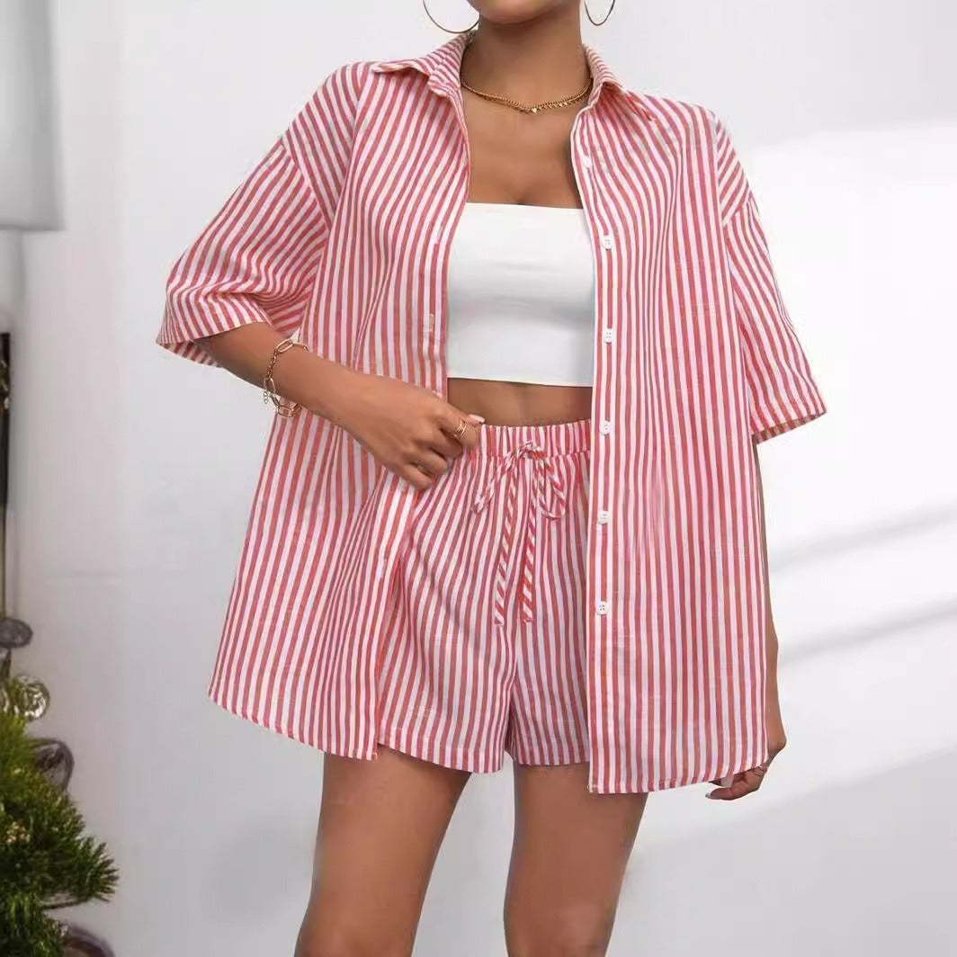 New Fashion Outfit, Spring & Summer Lapel Striped Shirt & Shorts 2-Piece Set For Women