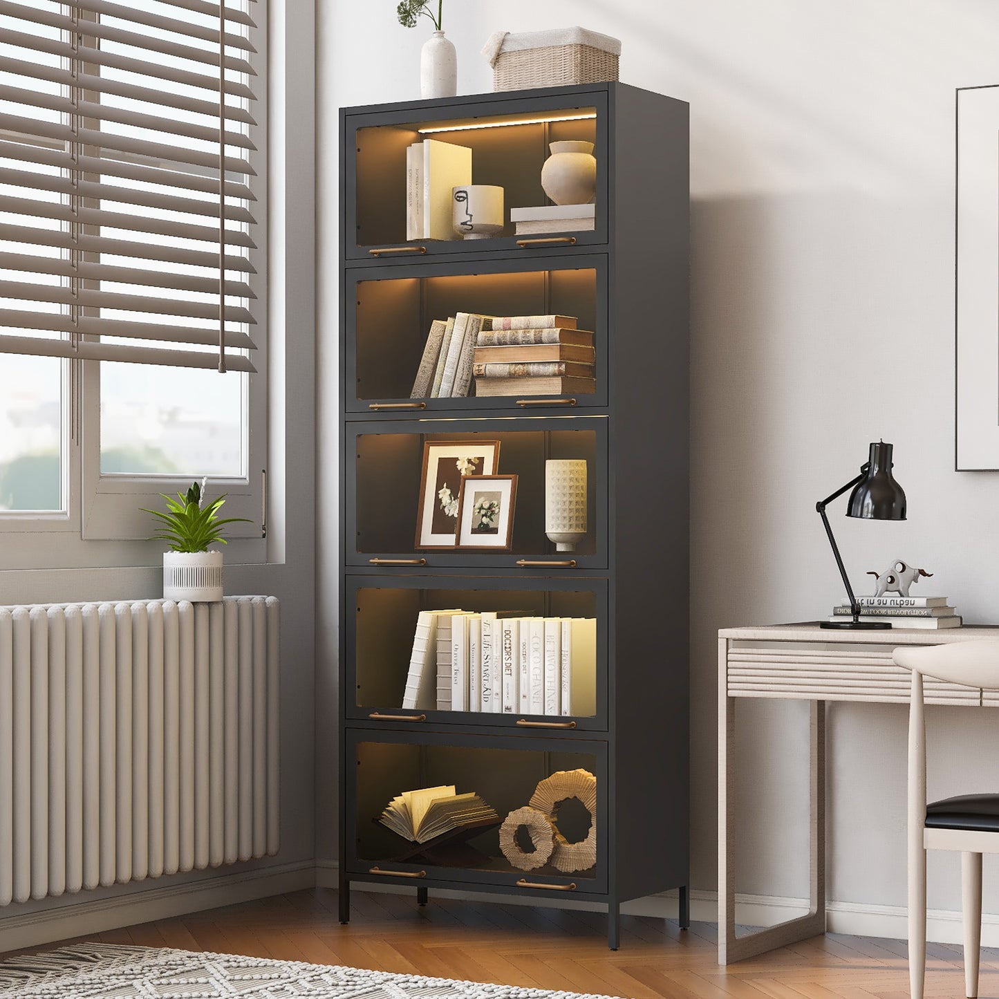 76.75 Tall Iron Display Cabinet With Glass Doors, 5-Tier Steel Barister Bookcase With LED Lights For Collectibles, Modern Style Curio Cabinet For Home Living Room Office Study & Playroom - Black